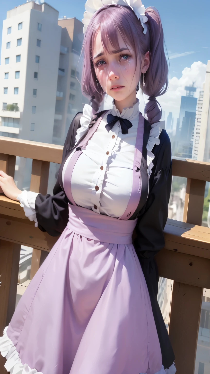 masterpiece, best quality, highres, kitagawa marin, 1girl, purple hair, medium hair, purple eyes, bonnet, red rose, collar, gothic, frills, black dress, black necktie, cleavage, long sleeves, white apron, thighhighs, grin, street, cowboy shot,huge breast, perfect finger hand