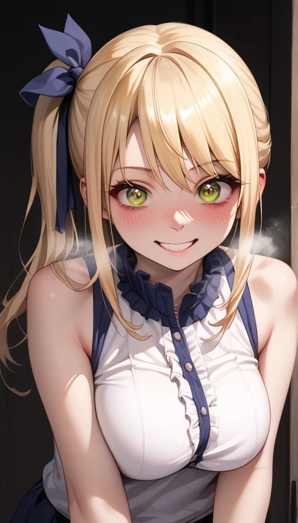 score_9, score_8_up, score_7_up, masterpiece, top_quality, source_animation, real_rated_exposure, super_detailed_face, super_detailed_eyes abuse, 

large breasts, lucy heartfilia, solo, blonde hair, brown eyes, long hair, side ponytail, bare shoulders, sleeveless, hair ribbon, evil smile, blush, breath, upper