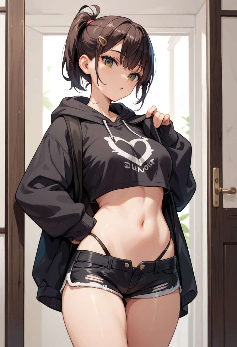 1girl, unique girl, unique hair tie, simpledrawing. black loose hoodie, super short shorts, medium bust size, medium thigh size, standing in front of the door, belly    