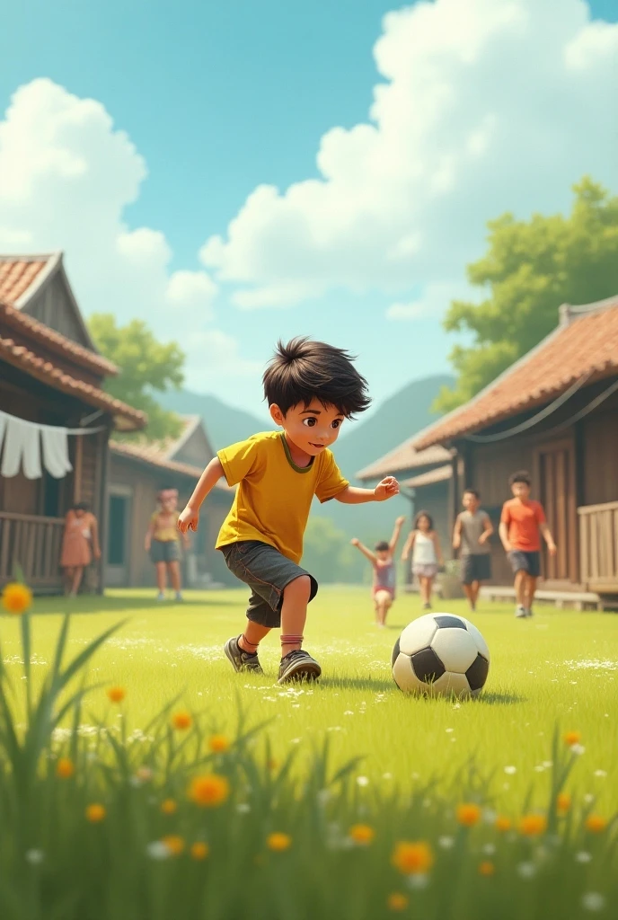 Generate an image where a  kid playing football in a country side village ground and a 2 boy watching the ??? and smoking cigarettes by the road