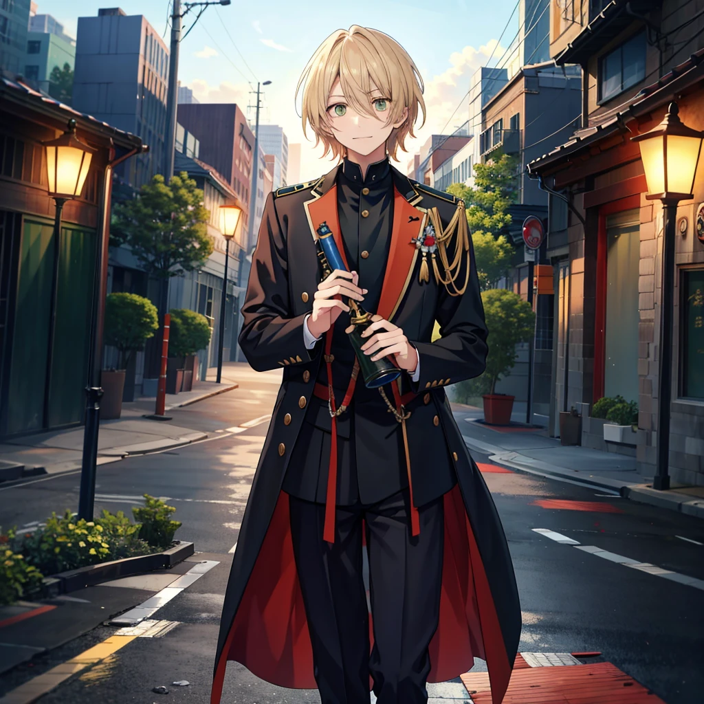 male， handsome，bang, Night City，satin，Crazy Smile, military coat large， pocket, Carrying a sword,  OFFICIAL ART、 Best Quality 、  Unity 8K Wallpaper 、32K、masterpiece、Super detailed, male性の鼻, male性の目 , male性の輪郭 , male性の骨格 , male性の体, maleの顔,  Masterpiece，{{{{{1人のmale性の図解}}}}}, 8K quality, male, No1 host , Best Quality, masterpiece, 素敵なmale性, Dark Blonde, Medium-length hair, green eyes,  long bangs , A scene from a science fiction movie, {{{{{ wearing an orange military uniform }}}}},  big moon in the background like a poster、 details of an abandoned future city, Smiling Kindly, expensive,  serious expressions, Shut up, walk, Diagonal angle,  detailed background , Maximum Details ,Full body illustration, standing quietly ,