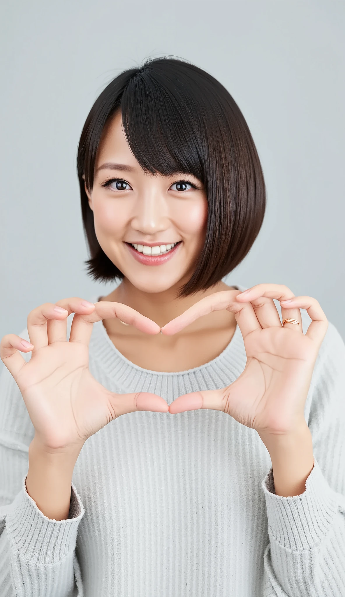 Only one woman with a cute smile wears cute, fluffy off-shoulder pajamas, makes a big heart shape with both hands, and poses them in front of her chest, View above collarbone、The background is a monotone 

