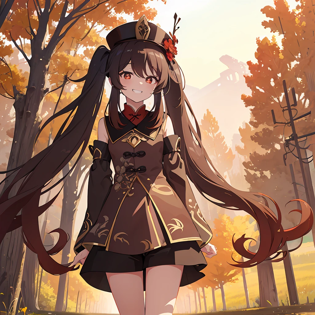 (((best quality,4k,from below))),1girl,(((standing,arms behind back))),fantasy,(((long sleeve China clothes,brown China clothes,bluck shorts))),white socks,mary janes,black hat,red kanzashi,dark brown hair,long hair,twintails,curly hair,hair between eyes,(((grin,jitome,looking viewer))),(((meadow))),sun light