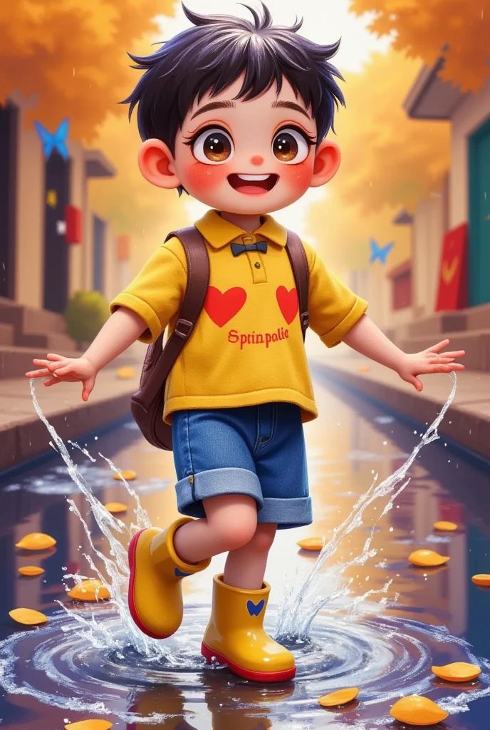 1boy, cartoon, children's illustration, splash puddle, rain boots, happy expression, playing in puddle, splashing, rainy day, detailed, colorful, vivid, dynamic, whimsical, lighthearted, charming, high quality, 8k, professional, highly detailed, cinematic lighting, soft textured, warm color palette, vibrant, lively