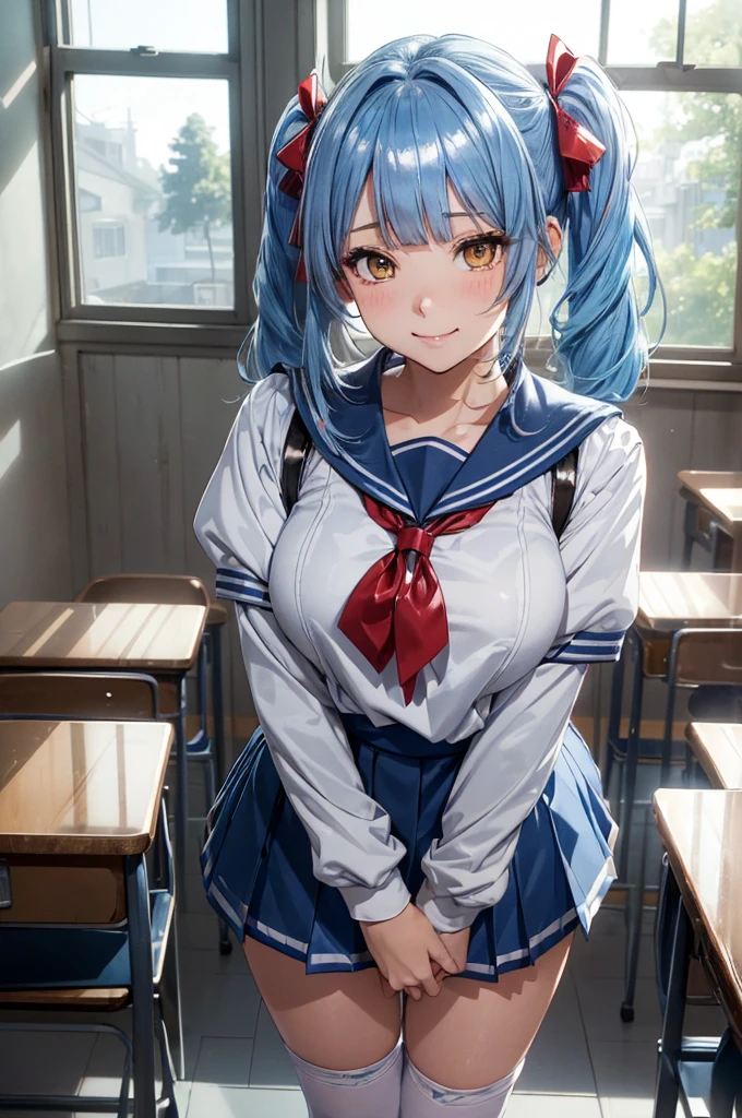 mastute piece,Best Quality,insanely detailed,8k cg,nsfw,
(shoot upper body:1.3),
(1girls:1.3),standing,looking at viewr,body in front,(arms behind back:1.4),(school uniform:1.2,duffel coat:1.3),ダッフルコート:1.3、break,
blush,shy,(ecstasy face),(trembling:1.2),break,(blue hair:1.3),
break,
perfect breasts,perfect teats,(open mouth:0.9),(large breasts:1.2),
(classroom),