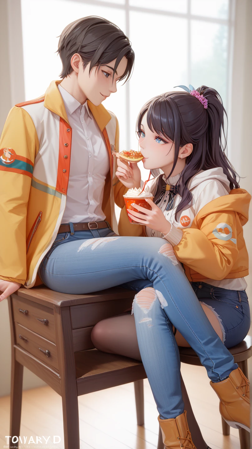 ( dining with a stylish background )、２ female students、 women are in love with each other lily 、 sexy and beautiful sister sitting on a chair eating with her sexy and beautiful sister、Beautiful, beautiful eyes、Fashionable jacket and jeans 、they feed each other 、Lovey-dovey couple、(8k、4K、Best Quality、 Hi-Res：1.2）、 noise reduction 