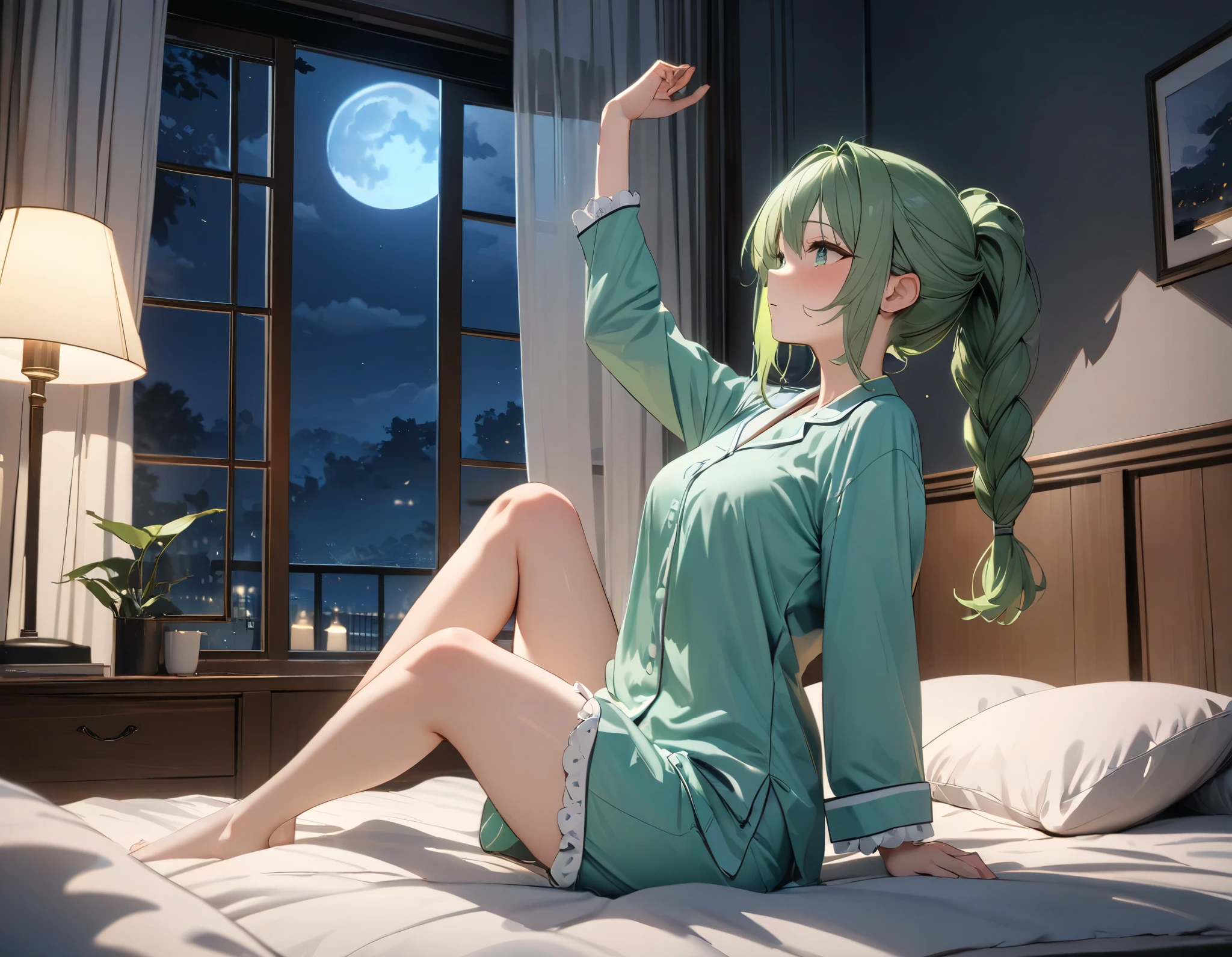 (((Best quality, 8k, Masterpiece: 1.3)), ((best quality)), ((masterpiece)), (detailed), perfect face, perfect body, (detailed skin:1.3), (intricate details), green hair,long braided ponytail, Stretching on the bed, pajamas, W-Sitting, at night, moon, window, fluttering curtains