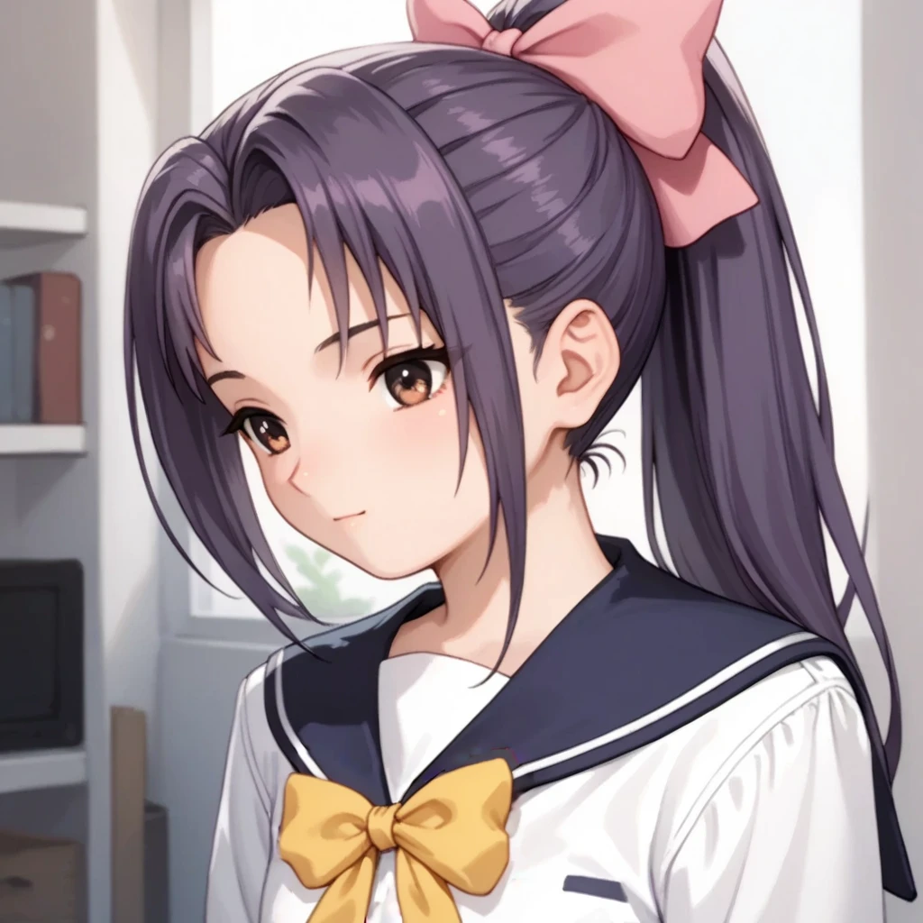 masterpiece, Highest quality,
1 person, alone,
(White Background:1.4), Looking at the audience,
smile, blush, Clothes lift,Skirt Lift,Lift it yourself,  purple_panties,
Hagi style, Ahoge, One side up,
shirt, Neck ribbon, Short sleeve, Best, Black Skirt, White gloves,
be quiet, whole body,Large Breasts
