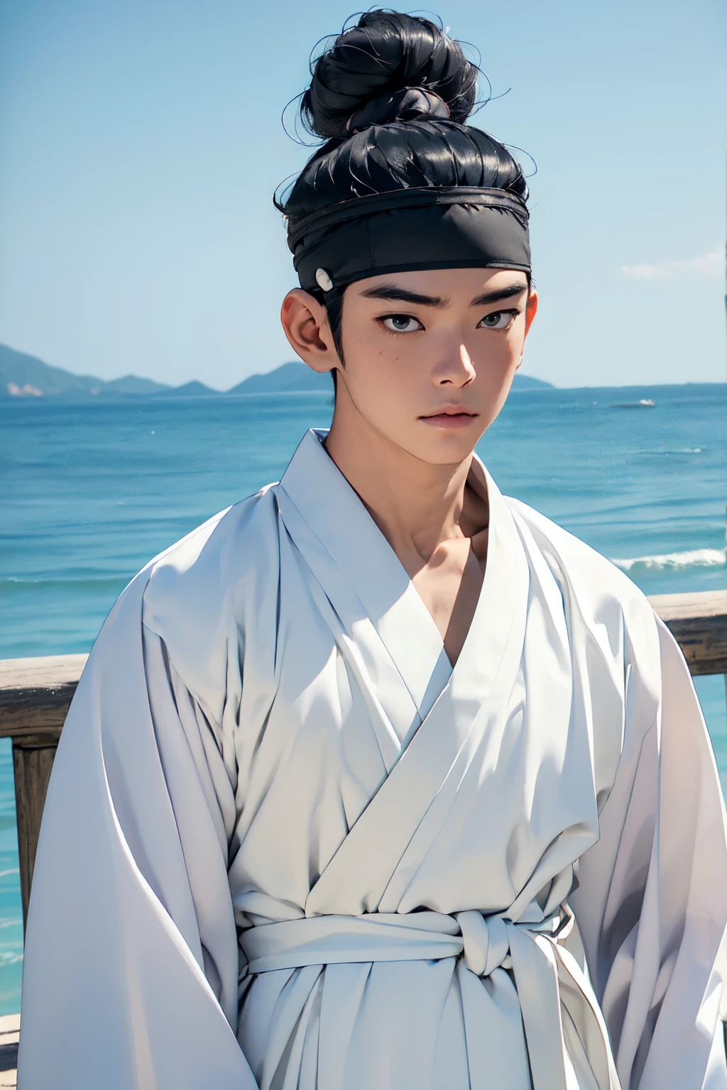 (absurdres, highres, masterpiece, best quality, ultra-realistic,ultra-detailed,(beautiful detailed face and eyes and hair:1.1),handsome,asian man,muscular,black hair,black eyes,datailed face,topknot,see-through headband,white hanbok,little sad,upper body, sea background