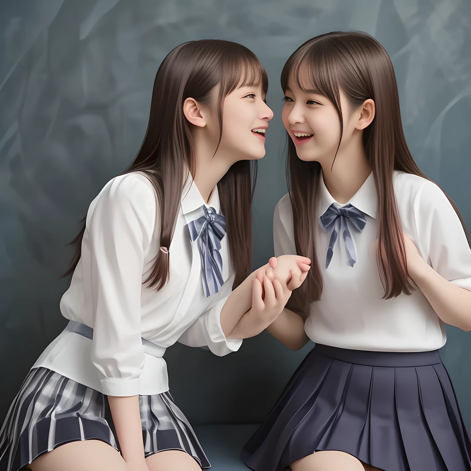 (Highest quality, masterpiece:1.2), Highest quality, High resolution, 1080P, 8k, height: 158cm, (Two **** Japanese beautiful idols are seated and kissing on hands together, facing each other, cute skirt with beautiful knees, looking at the viewer, can't stop showing cute smile open mouth because of feeling too funny about the viewer, very white-white face, very proud of her long straight black hair, using face-whitening cosmetics, **** girl's prominent eyes, opened laughing giggling most open mouth, too expensive luxurious glossy too-much-girly erotic frilled ivory silk blouse, woolen navy-checkered-pleats-school-skirt and bewitching ribbon on the breast, well-straitened super-super-long well-trimmed long hair, evenly neatly trimmed girly cute bangs: 1.5), (white thighs and knees: 1.7), (Well-balanced, impressive, lovely, drooping, double-eyelids, black shining large prominent eyes of **** idol with detailed: 1.5), ((Beautiful well-figured glossy opened laughing lips: 1.2)), (mature breast), (Girl whom everyone loves because of her beauty and beautiful eyes and lovely fashion and noble manner), (Very beautiful, super-glossy, cute neat black amazingly long hair, straight well-done long hair-style: 1.3), (plain blue background: 1.6), (Best style like a **** fashion model, mature breast), (((Completely balanced beautiful big big eyes, looking at me))), (eyes, face and hair are especially beautifully detailed and beautifully drawn: 1.5), (Satisfactory best shot by professional famous photographer for school girl's beauty: 1.5), (The soft white light clearly shows her face extremely white: 1.2), (Feel too luxurious and expensive, girly frilled), (School uniform, Twins, A pair of cute slender **** Japanese idols, Super long hair **** super-beautiful super-cute **** idol of pure pure girls photo magazine in Japan are laughing and licking the other's hand each other with super-wide-open mouth: 2.0)