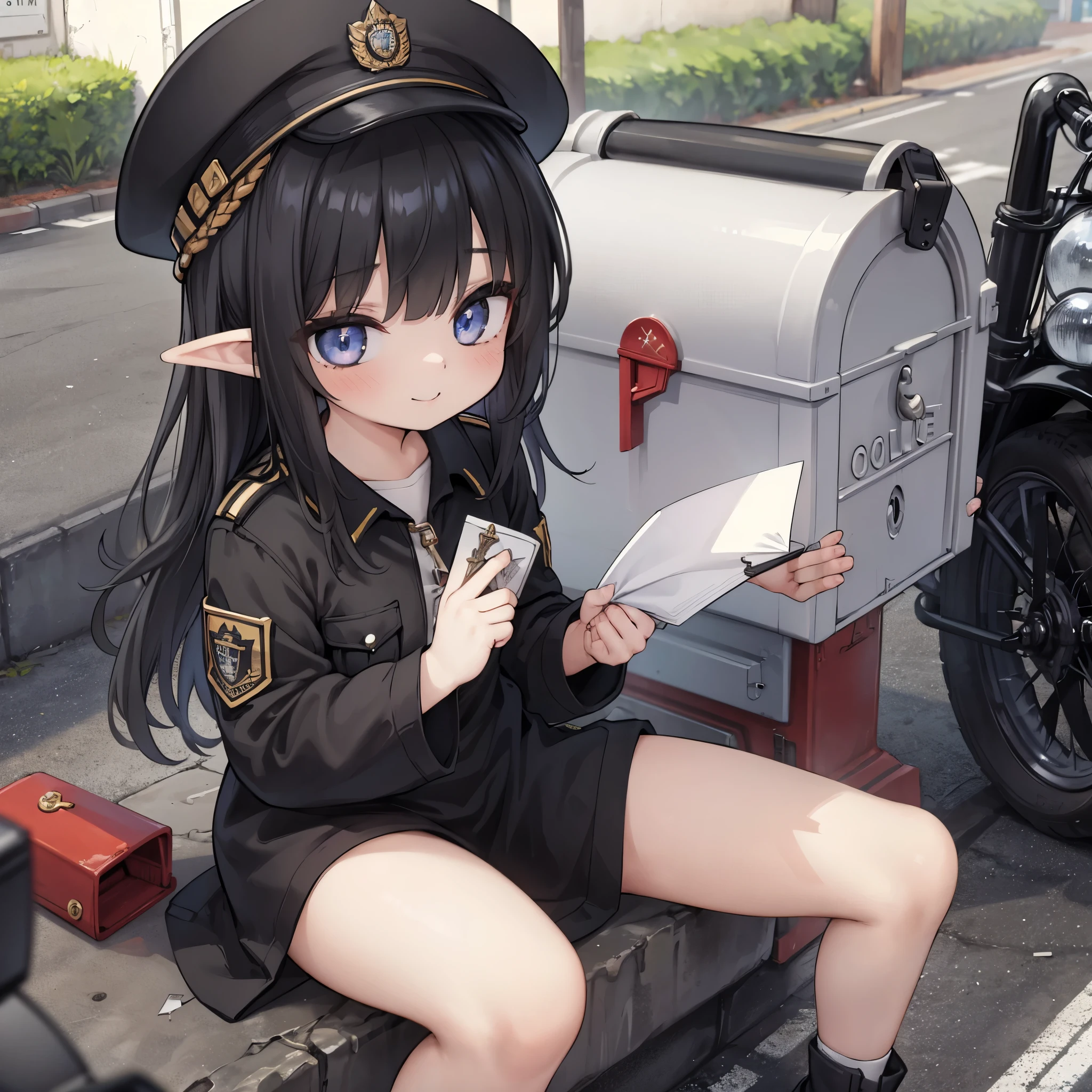 8K,(masterpiece),high resolution,best quality,(ultra-detailed),ultra detailed eyes,girl is elf,(black color hair:1.1),(inner hair color is white:1.3),(long hair,earth eyes,light smile,fair skin),BREAK,wear post officer outfits and hat,(Putting a letter in a mailbox:1.2),holding a letter,motorbike,village stone road,morning
