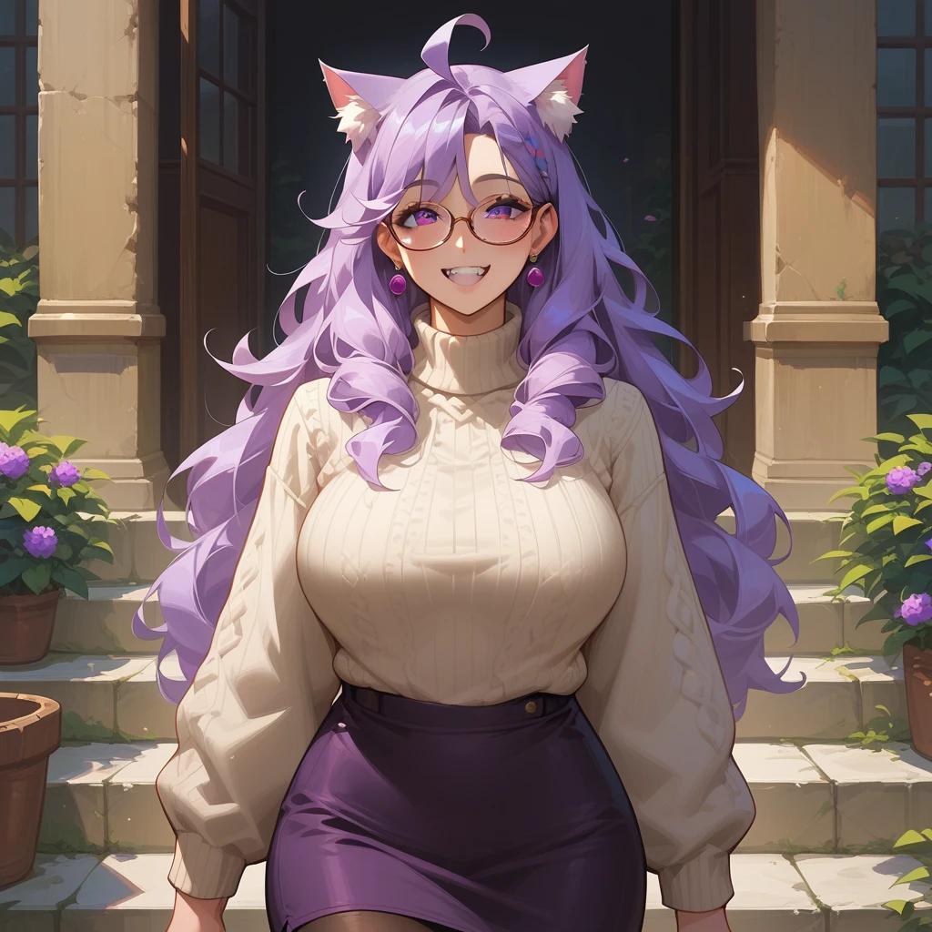 masterpiece, Best Quality,  1 girl, (( Viewers)), Lilac hair ,  purple eyes, Long Hair,  Ahoge, sweater, sweater skirt,  pantyhose , , Hair between the eyebrows,  big breasts at the temple, adult, Age 33, Mature, Glasses, Alone, only, smile, cat ears,  cat tail, tooth, Cat girl,  animal ears 