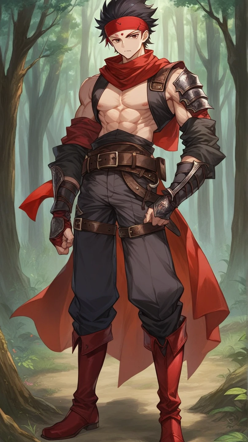 A boy .black hair.Red bandana(forehead protector). Red Scarf.Shoulder Guard .long sleeve small vest( Exposes 6 Abdominal Muscles)Bare chest and abdomen. without a top . Glove Armor . Heavy Belt . Knee Length Pants (Bow ). Red Leather Boots ..Bandit. Robber Style . Background is Forest.whole body