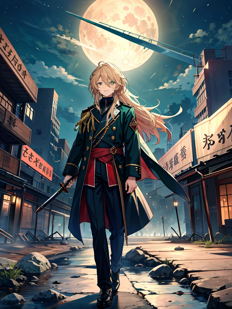 Long Hair, male， handsome，Night City，military coat large， pocket, Carrying a sword,  OFFICIAL ART、 Best Quality 、  Unity 8K Wallpaper 、32K、masterpiece、Super detailed, male性の鼻, male性の目 , male性の輪郭 , male性の骨格 , male性の体, maleの顔,  Masterpiece，{{{{{1人のmale性の図解}}}}}, 8K quality, male, No1 host , Best Quality, masterpiece, 素敵なmale性, Dark Blonde,  long hair, green eyes,  long bangs , A scene from a science fiction movie, {{{{{ wearing an orange military uniform }}}}},  big moon in the background like a poster、 details of an abandoned future city, Smiling Kindly, expensive,  serious expressions, Shut up, walk, Diagonal angle,  detailed background , Maximum Details ,Full body illustration, standing quietly ,