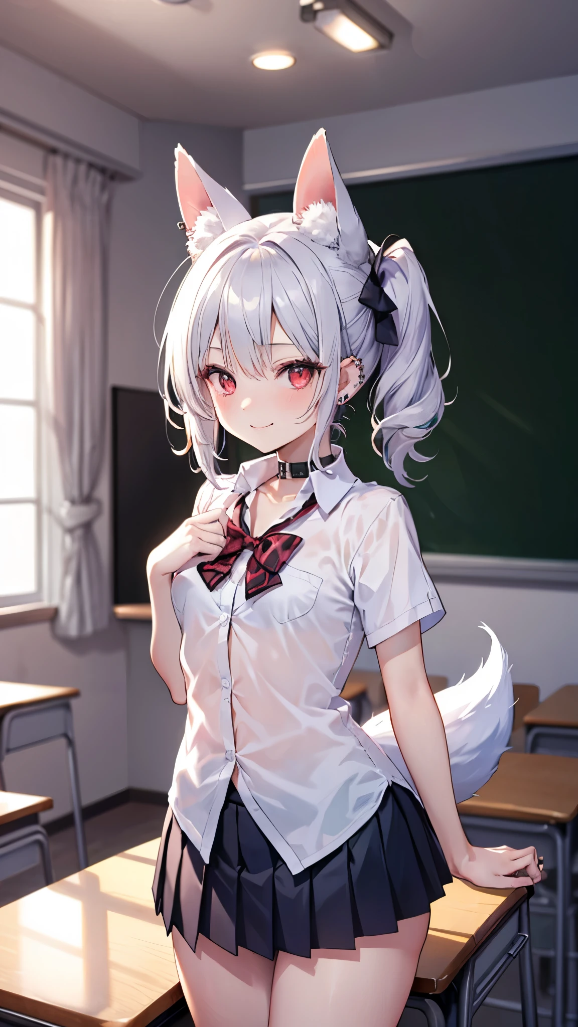 ((1 girl))、(smile:1.5)、small breastsのヌード、（cowboy shot）、(fun!!)、(white cardigan:1.5)、(blush)、(silver hair)、Chest roll-up clothing,pull clothes，((flat chest:1.3))、((I can see your nipples:1.5))，(dog ears), No bra, (black skirt)，look down, ((classroom:1.5))Upper body，classroomのシャツロールアップシャツセーター高解像度，look down, Upper body，Fair skin,classroom，small breasts，shaved pussy、long hair、light blue eyes