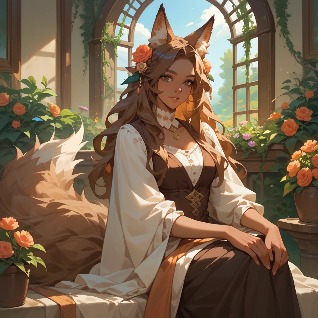 Fox, (Monster Girl), With long brown ears、The inside is dark brown,  brown fur, Tan neck hair,  brown fluffy tail with tan tips, Big brown eyes, Modest outfit ,  sitting in a flower garden , masterpiece, Best Quality