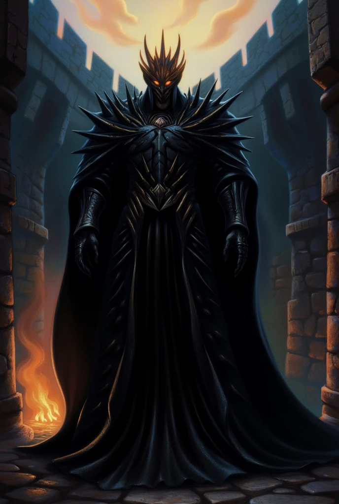 mrygp, Sauron stands imposingly against the backdrop of his dark fortress. His towering, armored figure is clad in blackened, spiked plate armor that gleams faintly in the dim, fiery light. His helmet is crowned with menacing, jagged spikes, forming a crown that radiates power and malice. His gauntlets are massive and clawed, and from beneath the helmet, a faint, fiery glow emanates where his eyes would be, giving him an otherworldly, terrifying presence. The dark walls rise behind him, their shadowed edges mirroring the sharp lines of his crown, creating an aura of dread and authority.