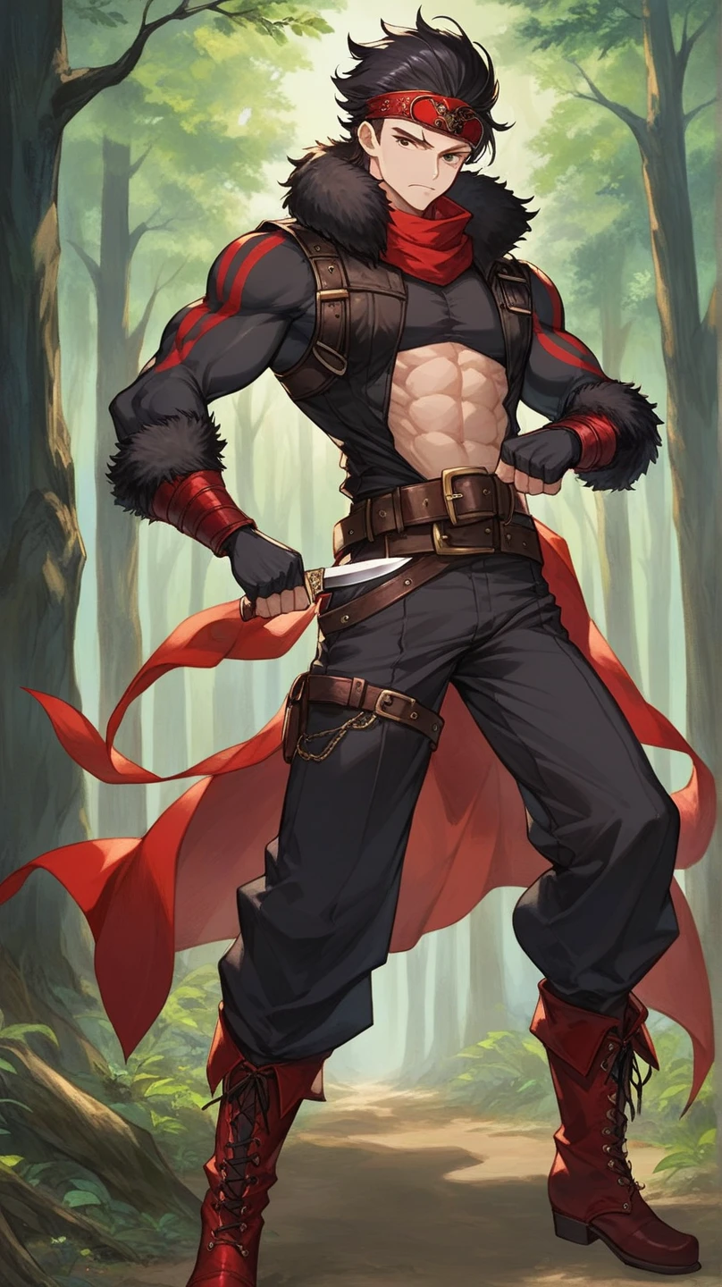 A boy .black hair.Red Scarf (forehead protector). Red Scarf.Fur Shoulder Fur Collar . Black Long Sleeve Vest(Six abdominal muscles are exposed in the chest)Bare chest and abdomen. without a top . Glove Armor . Heavy Belt . Knee Length Pants (Bow ). Red Leather Boots .Holding a knife.Bandit. Robber Style .Cool Pose. Background is Forest.whole body