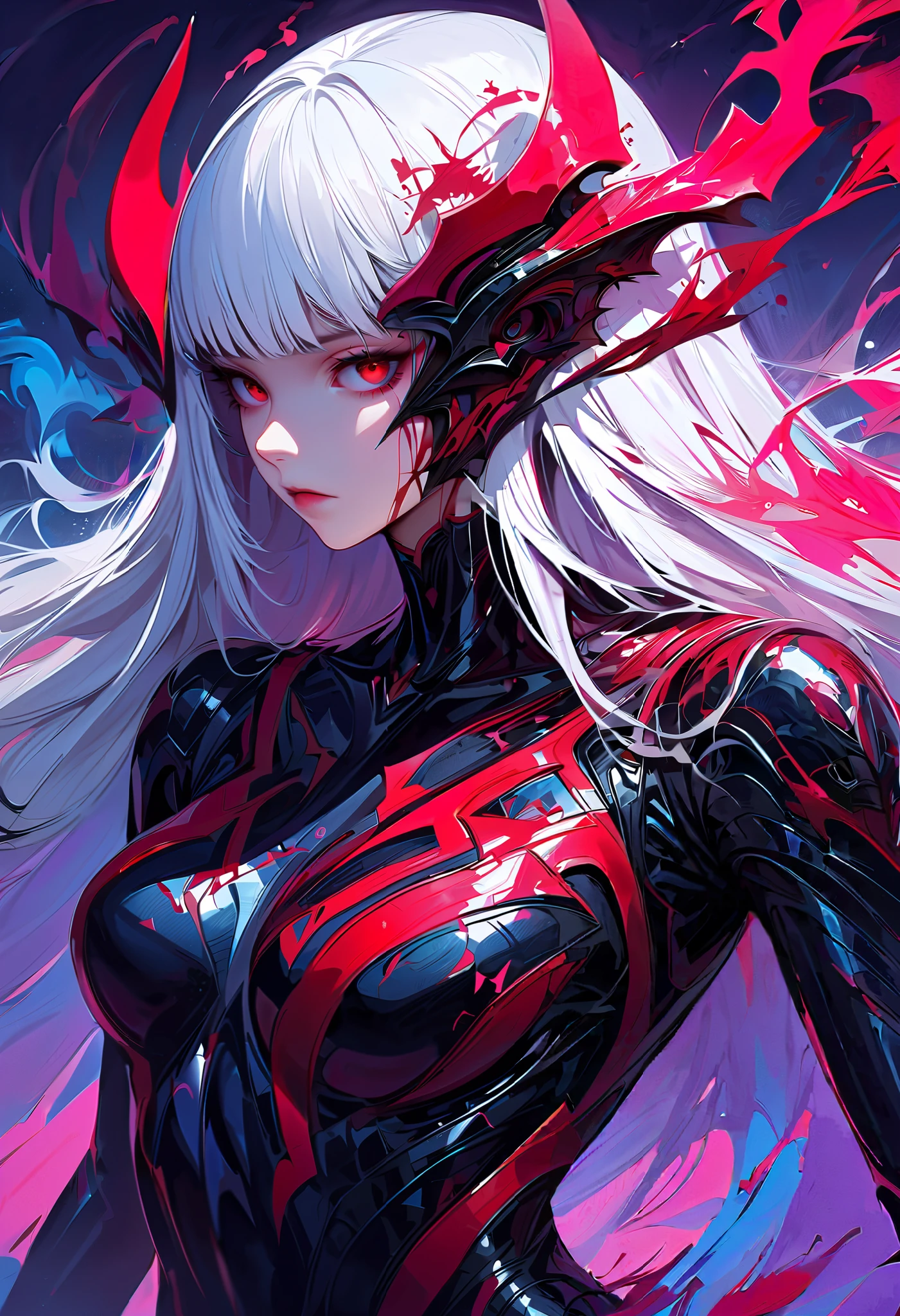 masterpiece, best quality, 8K, Digital painting, 1 girl, solo, stand up, youth, White hair, long white hair, hair accessories, red eyes, round pupils, Emotionless expression, blood stains, Mechanical Parts, electric wire, cable, failure effect, horrifying, science fiction, futuristic, Dark inside the background, neon lights, cyberpunk characters, Surreal, weird, Disturbing, spine-chilling, horrifying, jumpsuit,Red eyes,Venom Possession,blackened,Long black gloves,One-piece Pants,tight latex bodysuit,Highlight her graceful figure,wrap the whole body,symbiont,((Raised sexy)),jumpsuit,Red eyes,Venom Possession,blackened,Long black gloves,One-piece Pants,Black latex clothing,Blood-red eyes,best quality, High resolution, Super detailed, Vivid textures, mask, tight latex bodysuit, Bangs,purple hair, blue eyes
