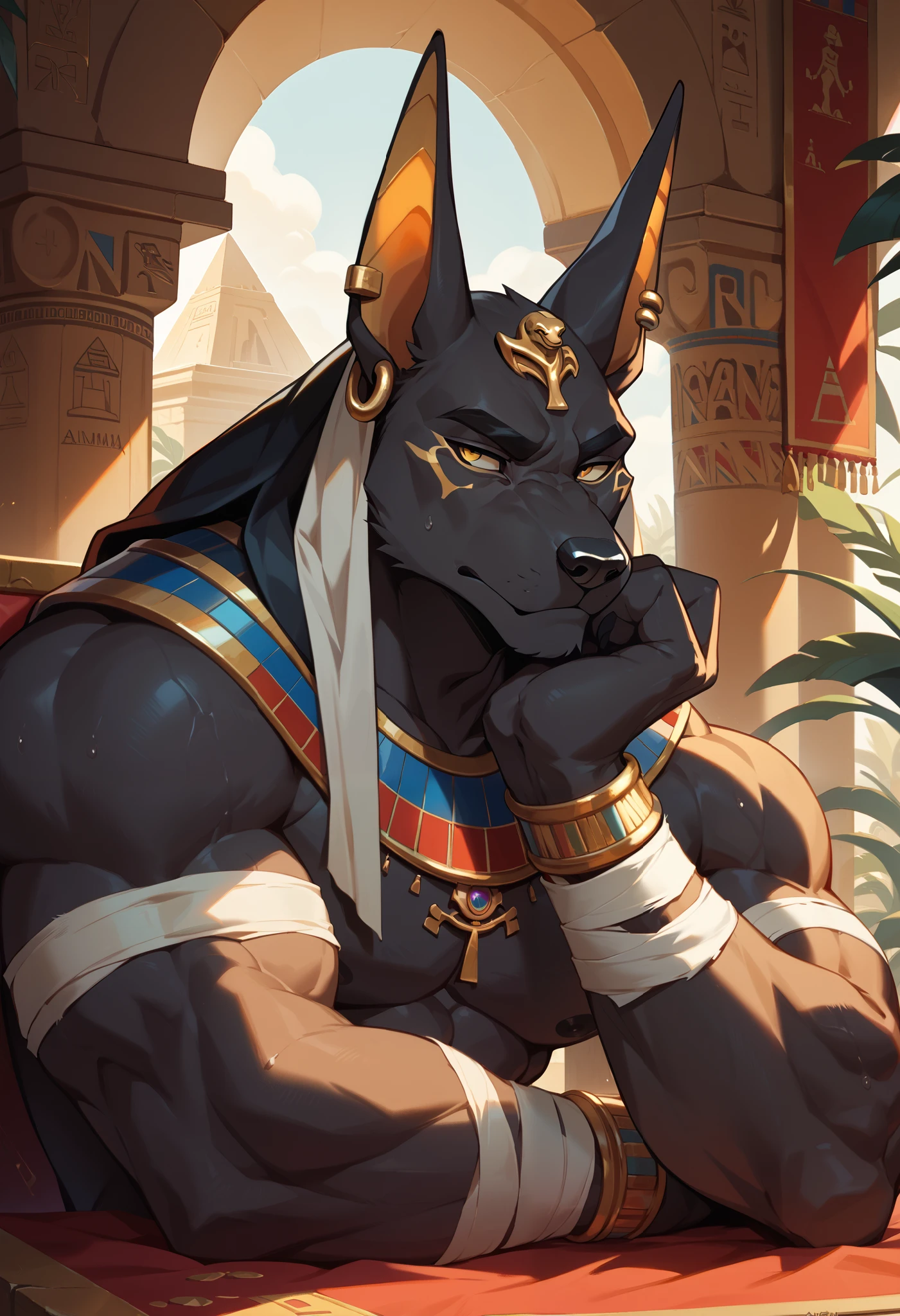 Muscular, male, furry, fluffy, Covered scars, bare chest, hot, (wet and sweaty: 1.3), abs, wide body, egyptian jewelry, egyptian armor, Looking at viewers, thick beard , (bara pecs: 1.1), anthro jackal, anubis mask, blushing, black body, black furr chest, wide body, (big chest: 1.3) , thick thighs, (arms against wall: 1.1), inside egyptian tombs, dark purple thong, (bulge: 1.1), precum drip, barely visible genitals, detailed genitals outline, intimidating defiant expression, looking down, gold nipples ring, dark dramatic lighting, night, low angle, dutch angle, by hyaku , by darkgem