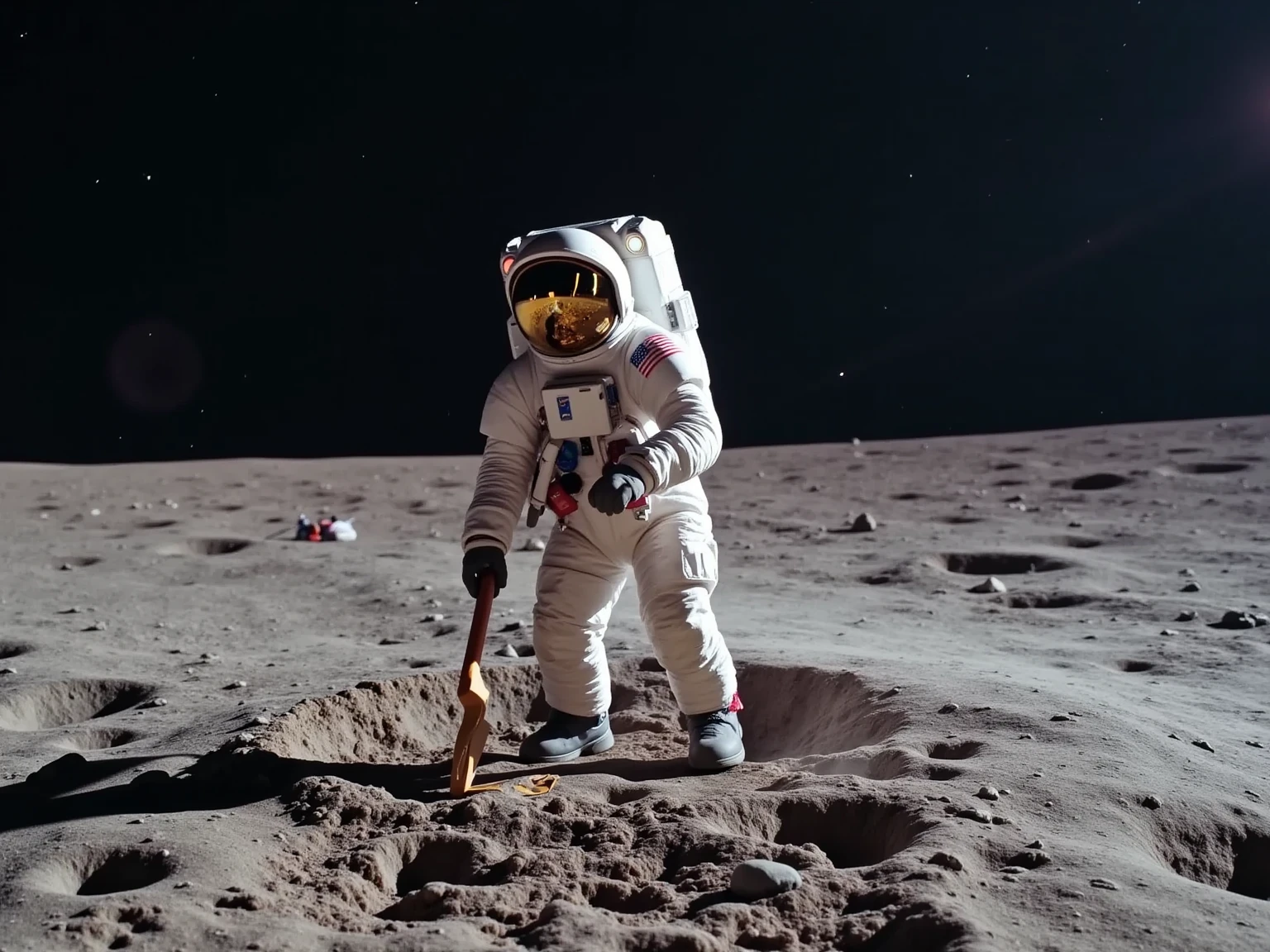 A hyper-realistic, cinematic scene of an astronaut standing on the moon without a helmet, his face clearly visible. Instead of planting the American flag, he is driving a massive fork into the lunar surface. The scene is detailed, with a dynamic pose, lunar dust around the fork, and vivid textures on the astronaut’s suit and the moon’s surface, creating a surreal, high-detail image.