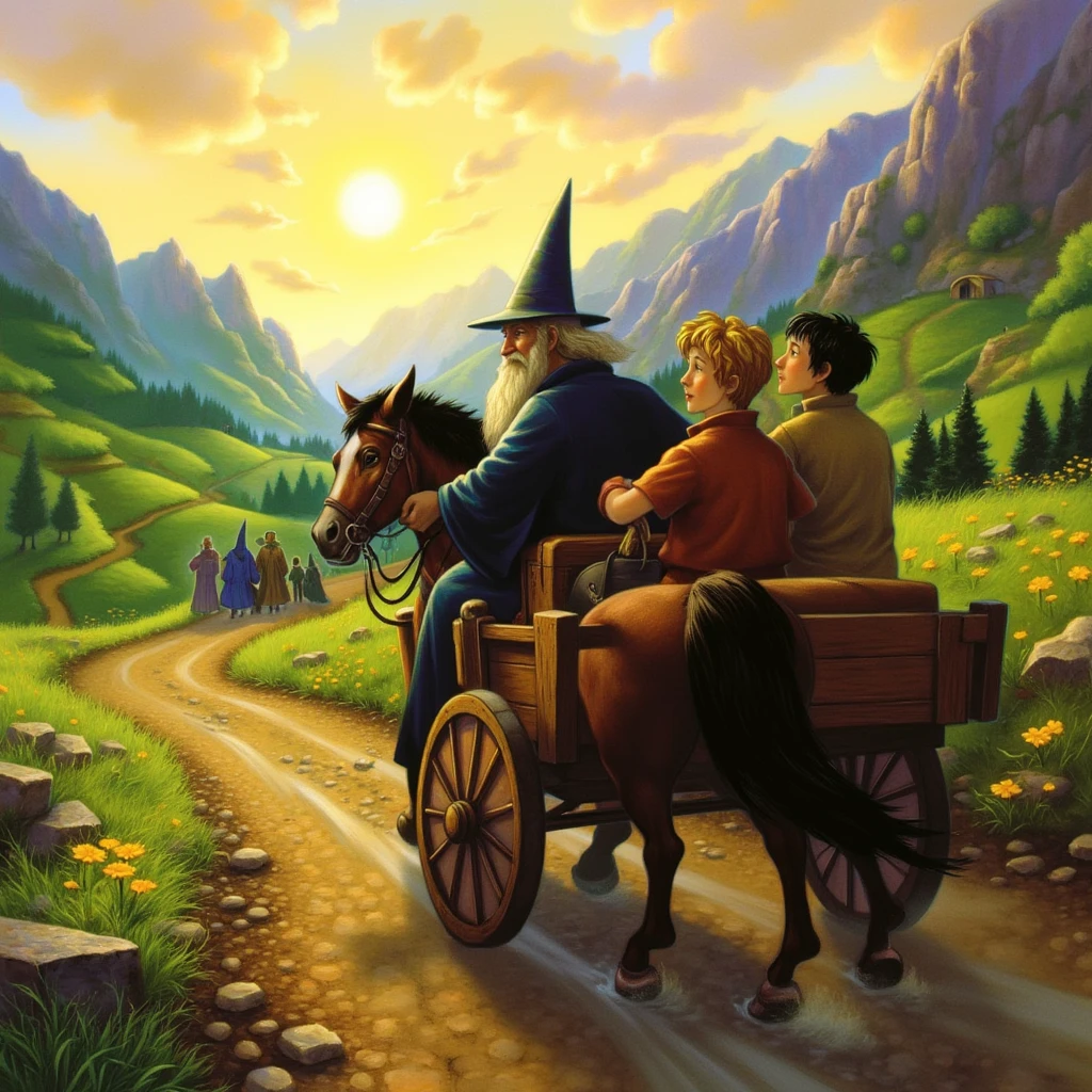 mrygp, Gandalf and Frodo ride together in a small wooden cart, trundling down a winding dirt road surrounded by lush green hills and distant mountains. Gandalf holds the reins, guiding the gentle horse as he chats with Frodo, who sits beside him, looking both curious and a bit anxious. The sun is low in the sky, casting a warm, golden light over the peaceful countryside, while a light breeze rustles through the grass and wildflowers along the path. Gandalf’s hat is slightly tilted, and he has a calm, knowing smile as he speaks, offering Frodo words of wisdom and reassurance. Frodo listens carefully, his hand resting on a small pouch where the One Ring is hidden, as they journey onward into the unknown. The scene is filled with a sense of quiet adventure and camaraderie, a peaceful moment before the challenges ahead.