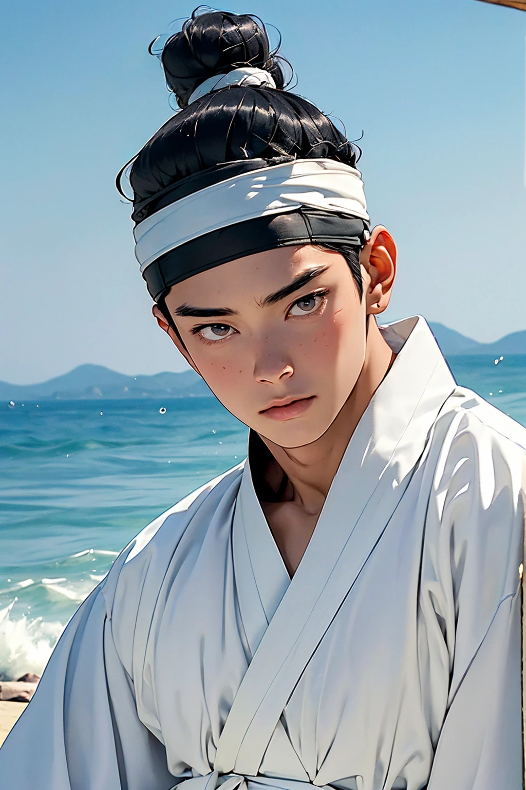 (absurdres, highres, masterpiece, best quality, ultra-realistic,ultra-detailed,(beautiful detailed face and eyes and hair:1.1),handsome,asian man,muscular,black hair,black eyes,datailed face,topknot,see-through headband,white hanbok,little sad,upper body, sea background