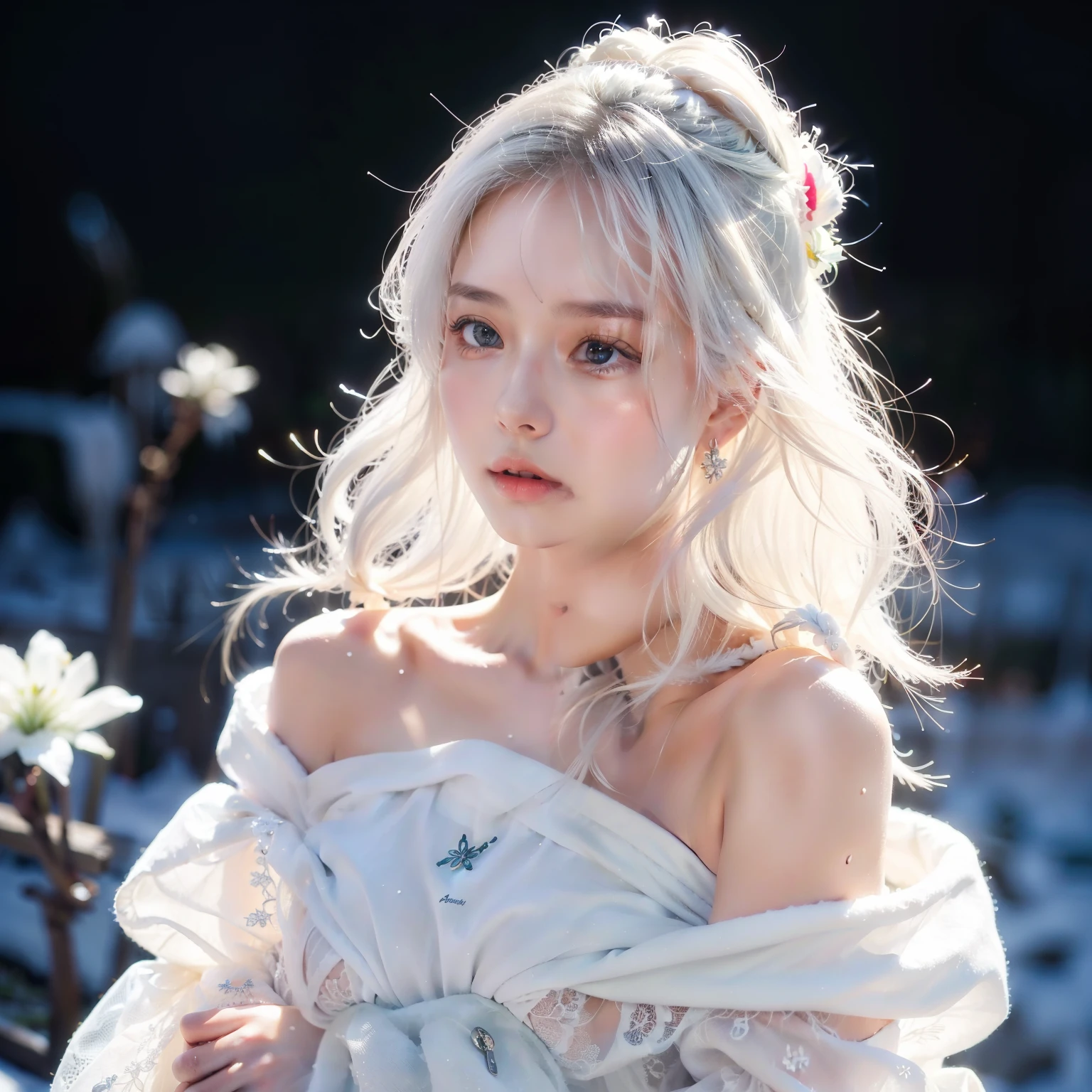 1girll,(Snow,Ice), snowflower, In winter, White hair, Shiny hair, Wavy hair, Transparent clothes, frilld, Lace, Wet clothes, Off_Shoulder, hair scrunchie,Masterpiece, Telephoto lens, absurderes, Exquisite facial features