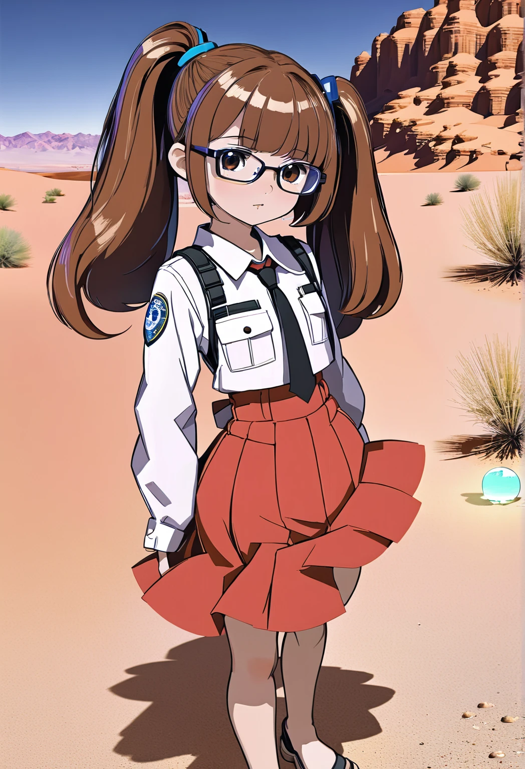 Anime style, Depth of field 1 girl (Knowledgeable spy:1.3) (In the desert there is a water source and it is exciting:1.3) Landscape, Whole body, Brown hair, Long pigtails, Red eyes, Glasses [:Bizarre costume design:0.2] Top to bottom, Bottom to top, Glowing eyes (Small chest:1.5) Perfect sexy hourglass figure (Muscles:0.6) Dimples on skin (Long dress, Cleavage:1.2) Albino