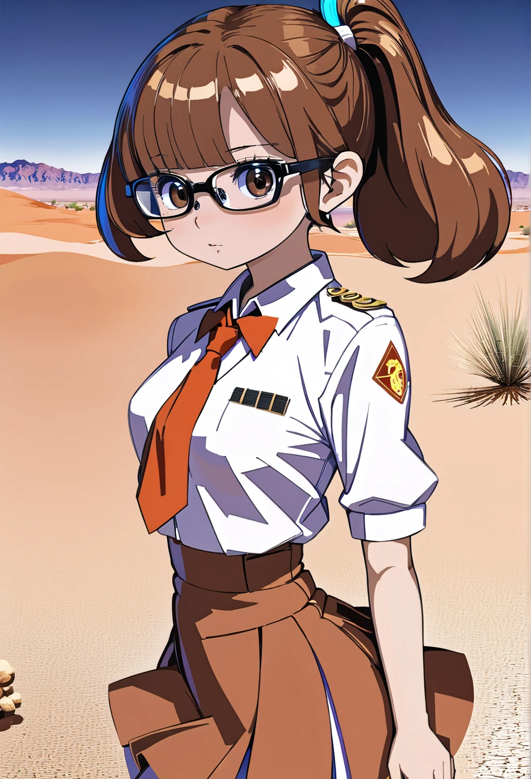 Anime style, Depth of field 1 girl (Knowledgeable spy:1.3) (In the desert there is a water source and it is exciting:1.3) Landscape, Whole body, Brown hair, Long pigtails, Red eyes, Glasses [:Bizarre costume design:0.2] Top to bottom, Bottom to top, Glowing eyes (Small chest:1.5) Perfect sexy hourglass figure (Muscles:0.6) Dimples on skin (Long dress, Cleavage:1.2) Albino