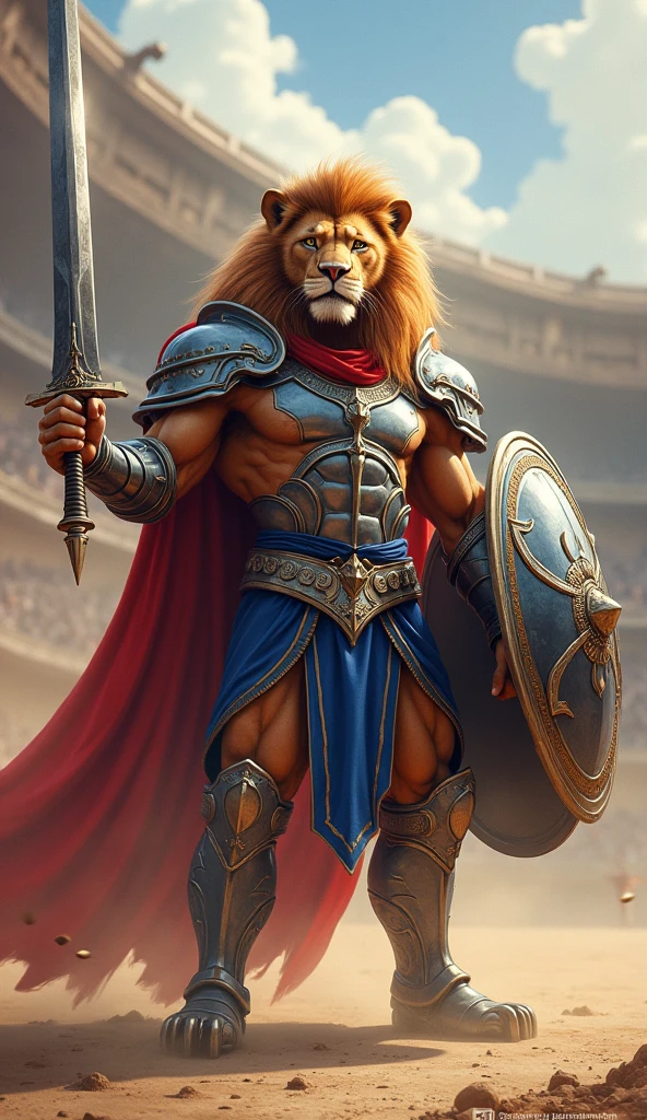 Humanoid muscular lion, wearing majestic blue, red, and white armor with SILVER metallic accents, symbolizing his royal and brave nature, representing Fortaleza. He raises his sword high with one hand, the shield in the other, roaring with a primal intensity. His muscles flex as he plants his feet firmly into the arena floor, creating a surge of power that echoes through the air. The camera captures his front view, focusing on the fierce expression in his eyes and the strength radiating from his body. Dust swirls around him as he holds the ground, challenging any foe that dares to approach.