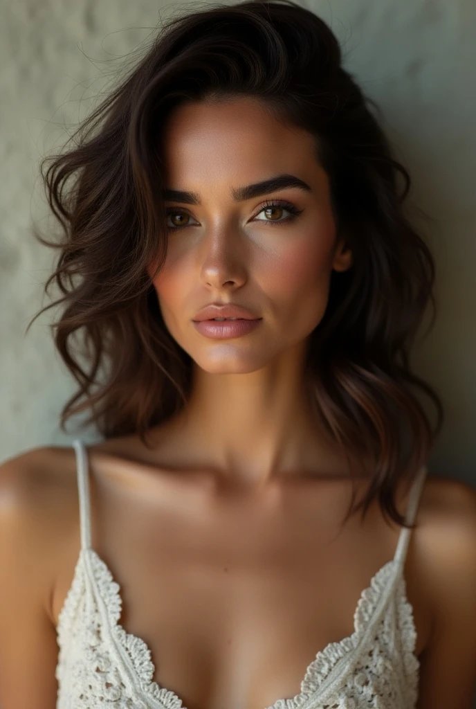 A full body picture of a spanish girl with wavy short hair, slim woman. Slender woman. natural skin texture, 4K textures, HDR, intricate, highly detailed, sharp focus, hyper-detailed