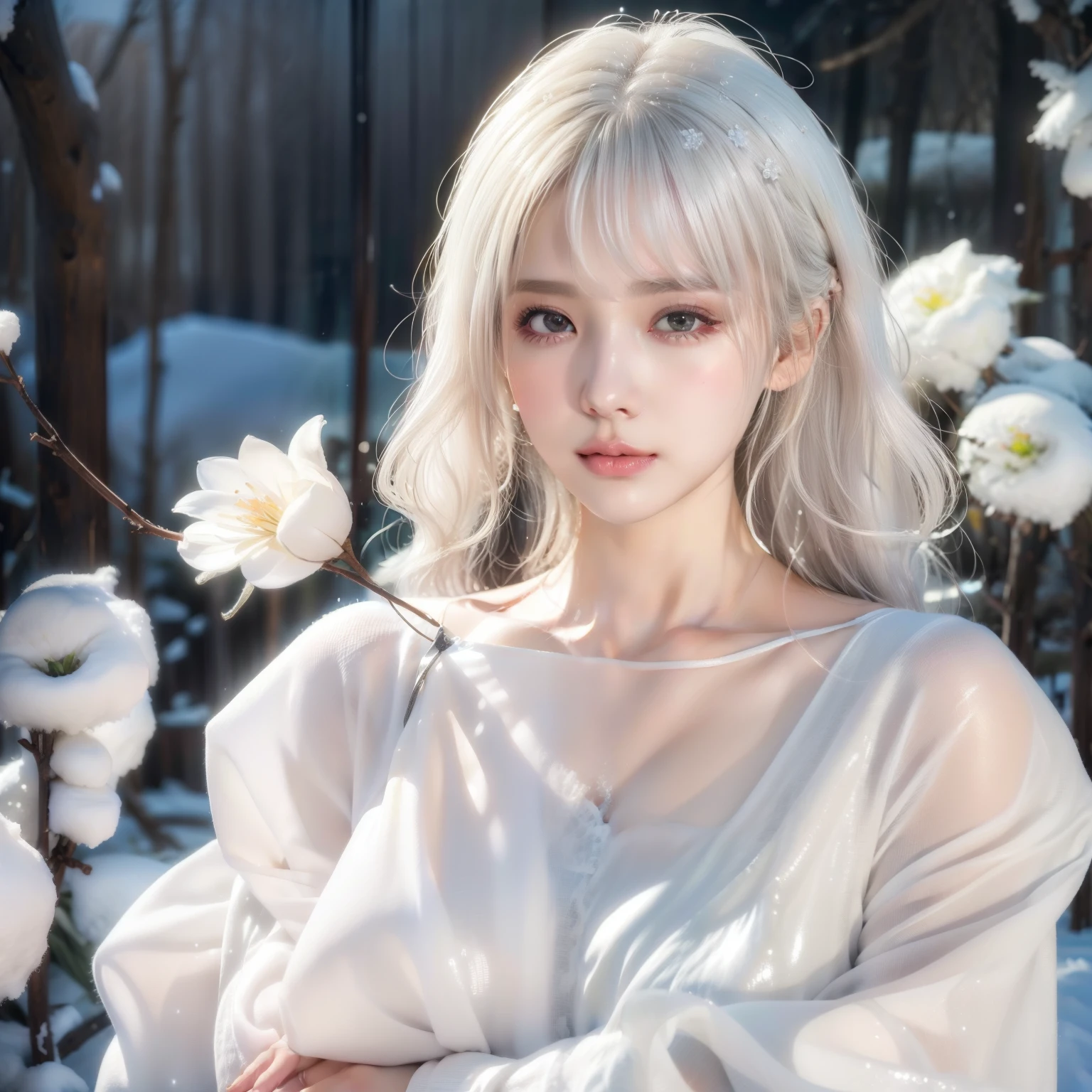 1girll,(Snow,Ice), snowflower, In winter, White hair, Shiny hair, Wavy hair, Transparent clothes, frilld, Lace, Wet clothes, Off_Shoulder, hair scrunchie,Masterpiece, Telephoto lens, absurderes, Exquisite facial features