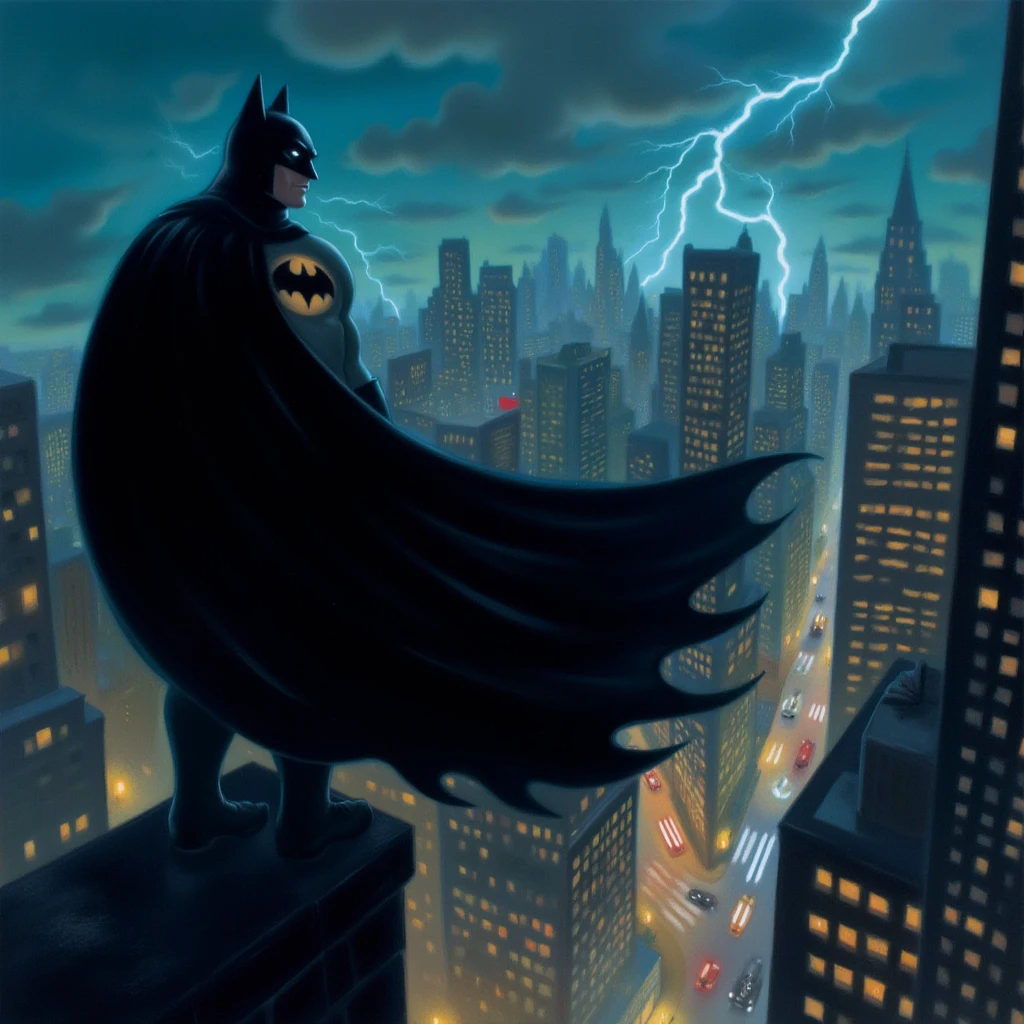 mrygp, Batman stands on the edge of a tall Gotham City skyscraper, his dark cape billowing in the wind as rain pours down around him. The city’s neon lights and searchlights cast a moody glow, illuminating his silhouette against the stormy night sky. His expression is intense and focused as he surveys the streets below, watching for any sign of danger. Lightning flashes behind him, briefly revealing his iconic bat symbol emblazoned on his chest. One hand rests on his utility belt, ready to spring into action at a moment’s notice, embodying the vigilant protector of Gotham.