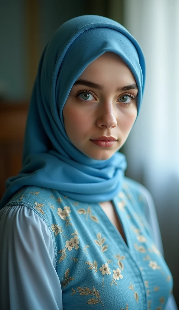 18 andear old Polish woman in hijab , extremely beautiful but provocative woman , ( and ,NSFW ), seductive eandes but feeling guiltand. Sitting on her bed 