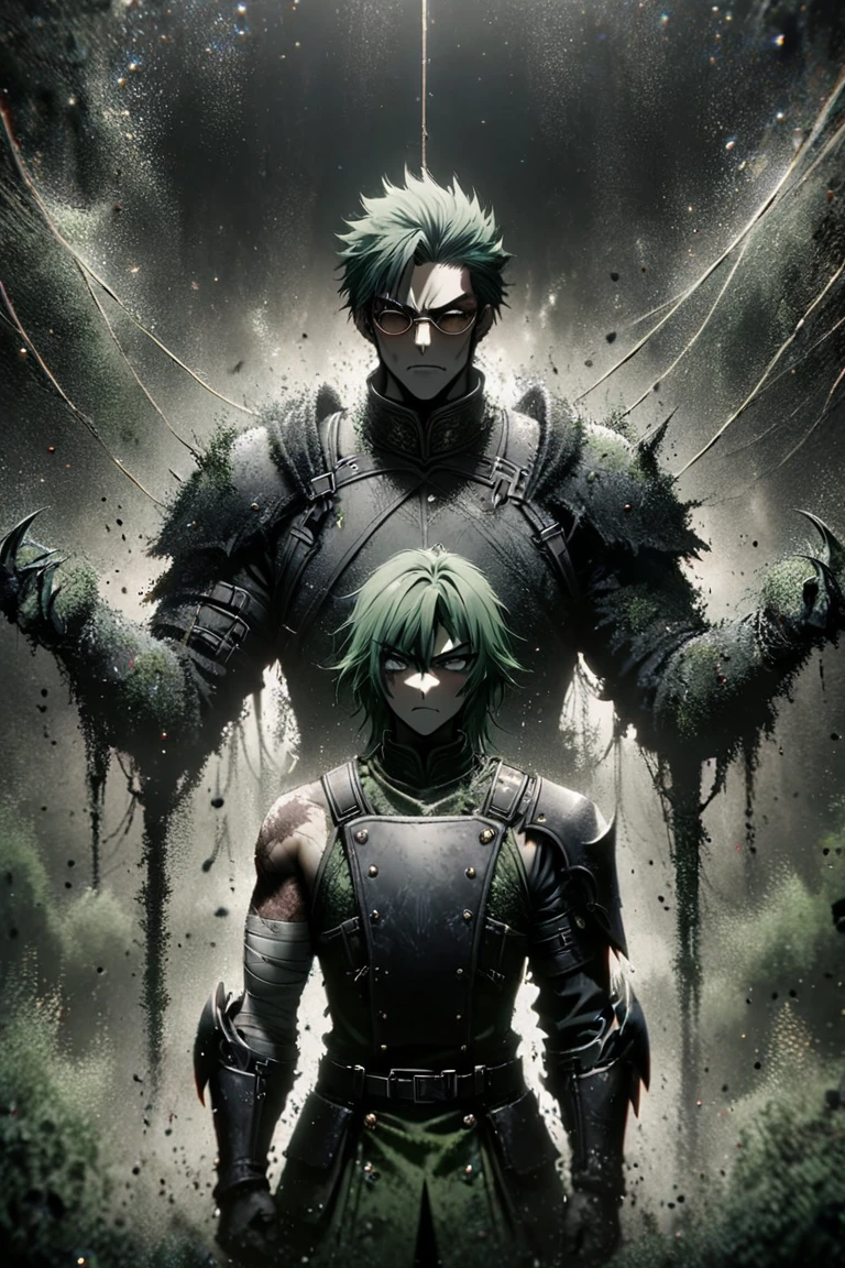 Injured green-haired teenager facing a demon-shaped silhouette