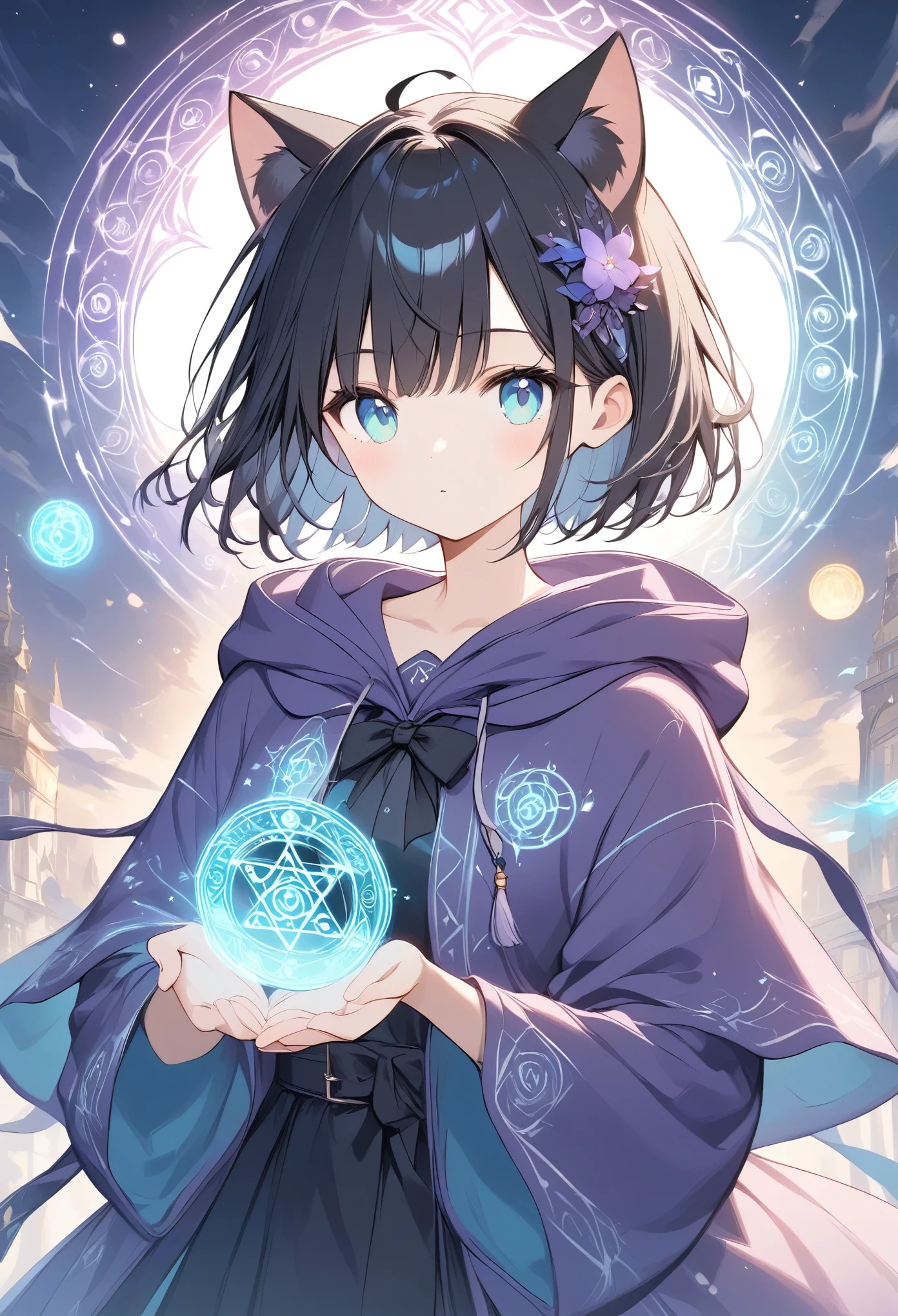  thin and soft painting style、Black cat girl 、Black Hair、Cat ears、 short hair、Aquamarine Eyes、black and purple hooded robe、Large magic circle in the background