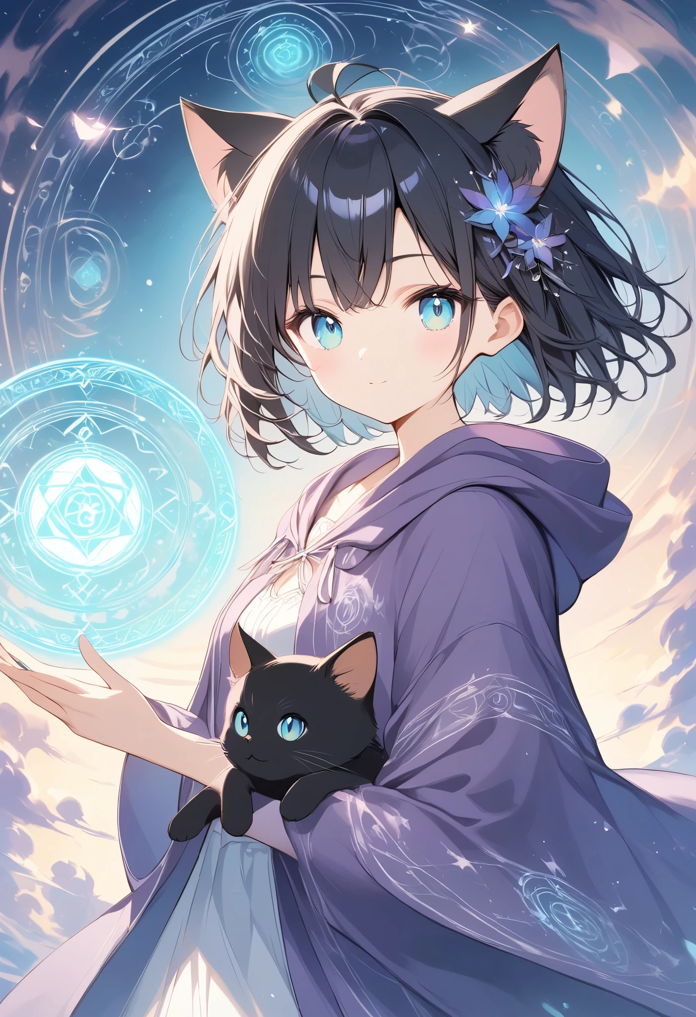  thin and soft painting style、Black cat girl 、Black Hair、Cat ears、 short hair、Aquamarine Eyes、black and purple hooded robe、Large magic circle in the background