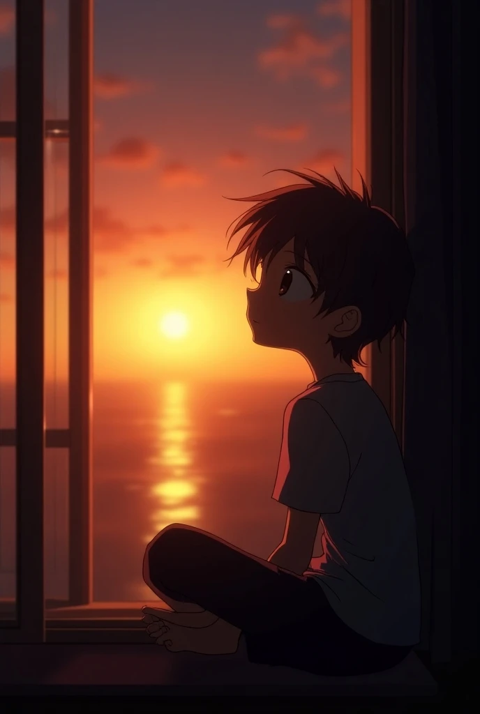 A 12 year old boy sit in the wall and the background is sunset
Add a room and he will sit at window
Add a realistic sunset