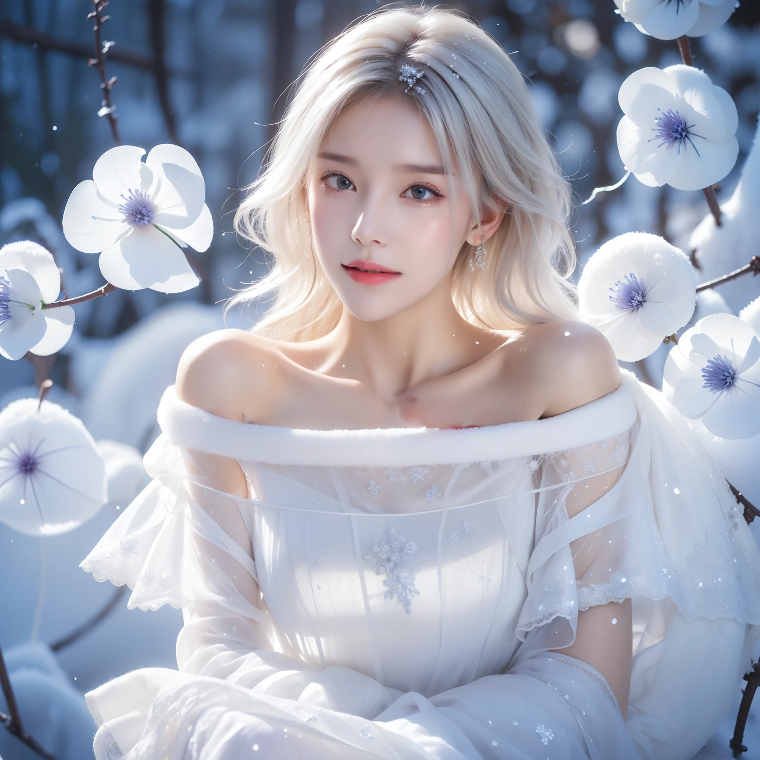 1girll,(Snow,Ice), snowflower, In winter, White hair, Shiny hair, Wavy hair, Transparent clothes, frilld, Lace, Wet clothes, Off_Shoulder, hair scrunchie,Masterpiece, Telephoto lens, absurderes, Exquisite facial features