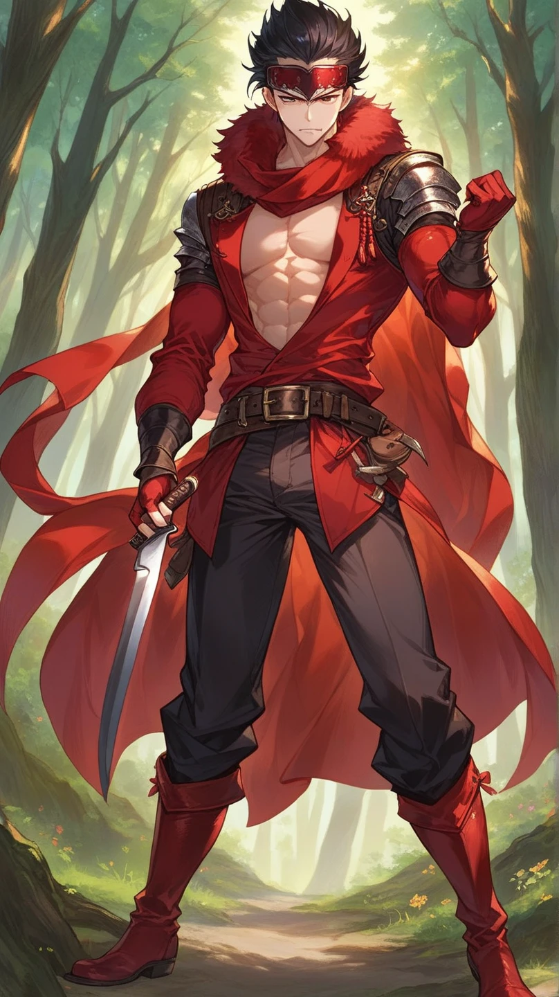 A boy .black hair.Red Scarf (forehead protector).Red Long Sleeve Vest with Red Scarf .Fur Shoulder Fur Collar .紅色長袖背心.(Six abdominal muscles are exposed in the chest)Bare chest and abdomen. without a top . Glove Armor . Heavy Belt . Knee Length Pants (Bow ). Red Leather Boots .Holding a knife.Bandit. Robber Style .Cool Pose. Background is Forest.whole body