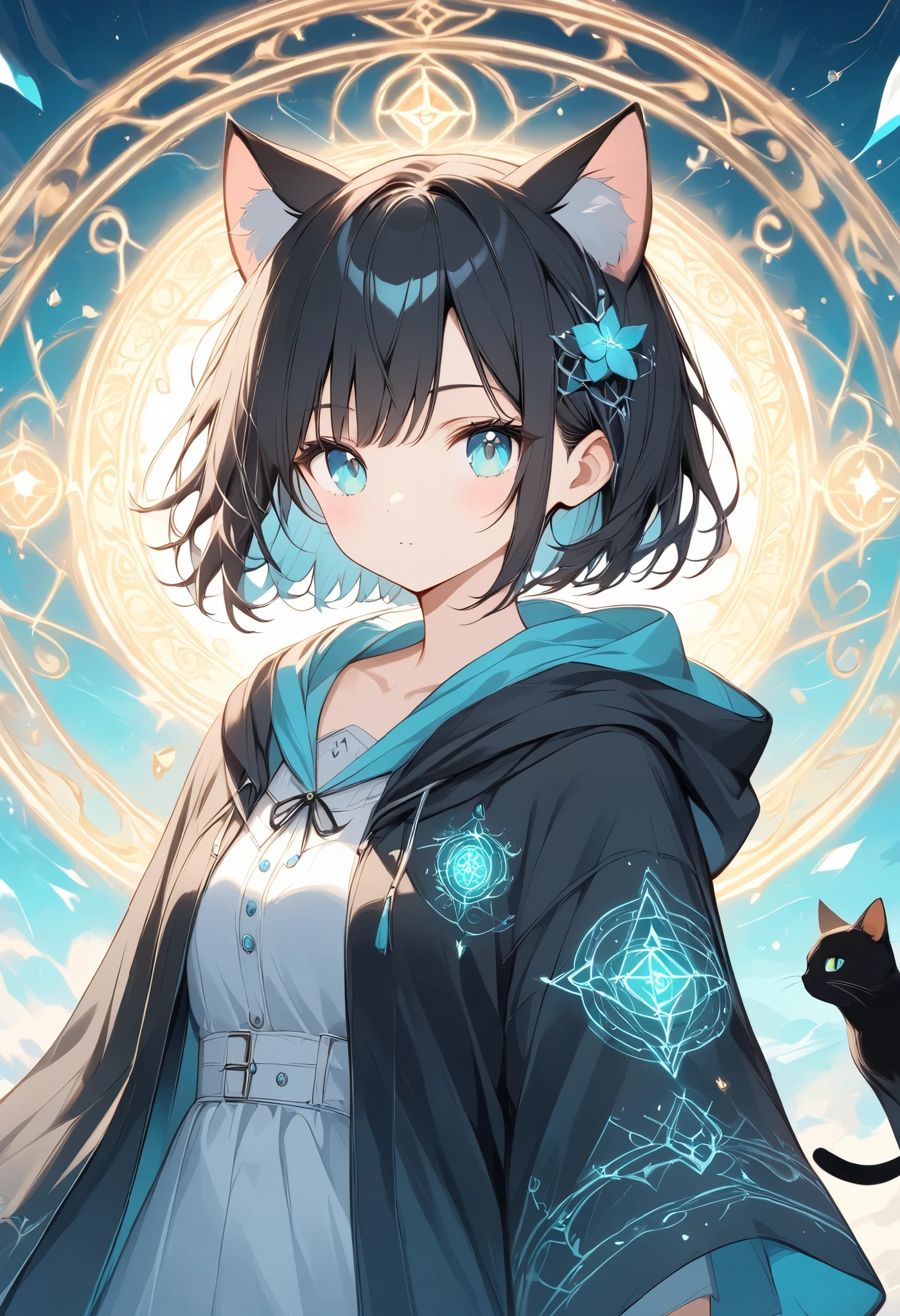  
 thin and soft painting style、Black cat girl 、Black Hair、Cat ears、 short hair、Aquamarine Eyes、black hooded robe 、Large magic circle in the background