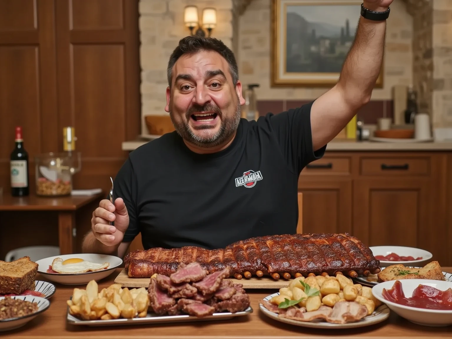 A hyper-realistic, cinematic scene of a man sitting at a traditional Catalan masia table, surrounded by 50 plates of food including ribs, large steaks, bacon, potatoes, and fried eggs. The man has one arm raised, holding a fork triumphantly, with a joyful expression. The scene is detailed with rustic Catalan decor, warm lighting, and authentic textures that emphasize the richness of the food and the traditional ambiance.