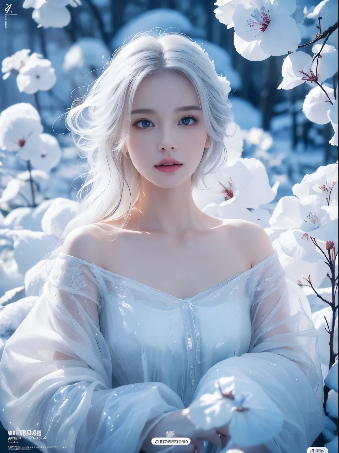 (((Masterpiece))), Best quality, illustration, 4k wallpaper, Cinematic light, absurderes, 1girll,(Snow,Ice), snowflower, In winter, White hair, Shiny hair, Wavy hair, Transparent clothes, frilld, Lace, Wet clothes, Off_Shoulder, hair scrunchie,Masterpiece, Telephoto lens, absurderes, Exquisite facial features，filmposter，Poster composition，posing elegantly，classics，Natural light，Soft light，（Seven-doppelganger composition） ，epic，dream magical，mistic