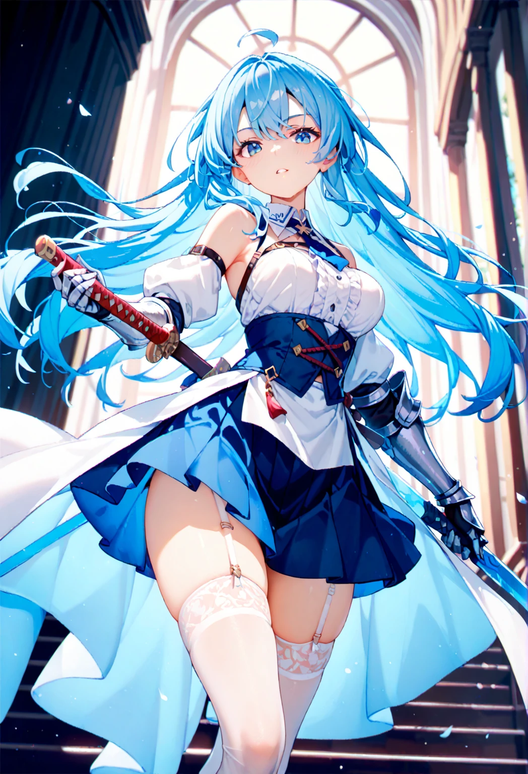 (8k, best quality, masterpiece:1.2), ultra-detailed, (high brightness:1.3), (high contrast:1.1), (high saturation:1.1), (anime screencap:1.20), 1girl, ((solo:1.20)), (mejiro ardan \(umamusume\))), ((animal ears, horse ears, horse girl, horse tail)), ((long hair:1.10)), ((light blue hair:1.5)), ((((hair ornament:1.5)), (ear ornament:1.3), cute, ((Detailed details eyes:1.5)), cute, (red blush:1.5), (((((race queen:1.10))))), skirt, ((blue skirt:1.10)), ((white jacket:1.10)), ((boots:1.10)), (gloves, black gloves), jacket, midriff, ((full body:1.20)), breasts, thigh boots, navel, half gloves, cropped jacket, ((high heel boots:1.10)), ((white footwear)), jacket removed, ((thighhighs:1.10)), planted, high heels, ((thigh strap:1.5)), (((saggy large breasts:1.20))), (((cleavage:1.20))), ((miniskirt:1.20)), ((cute smile, happy)), (((bandeau:1.20))), standing, holding, ((crop top:1.10)), (((puffy nipplse:1.20))), (((large areola:1.10))), (((show panties:1.20))), (((white highleg panties:1.20))), (((sideboob:1.20))),
