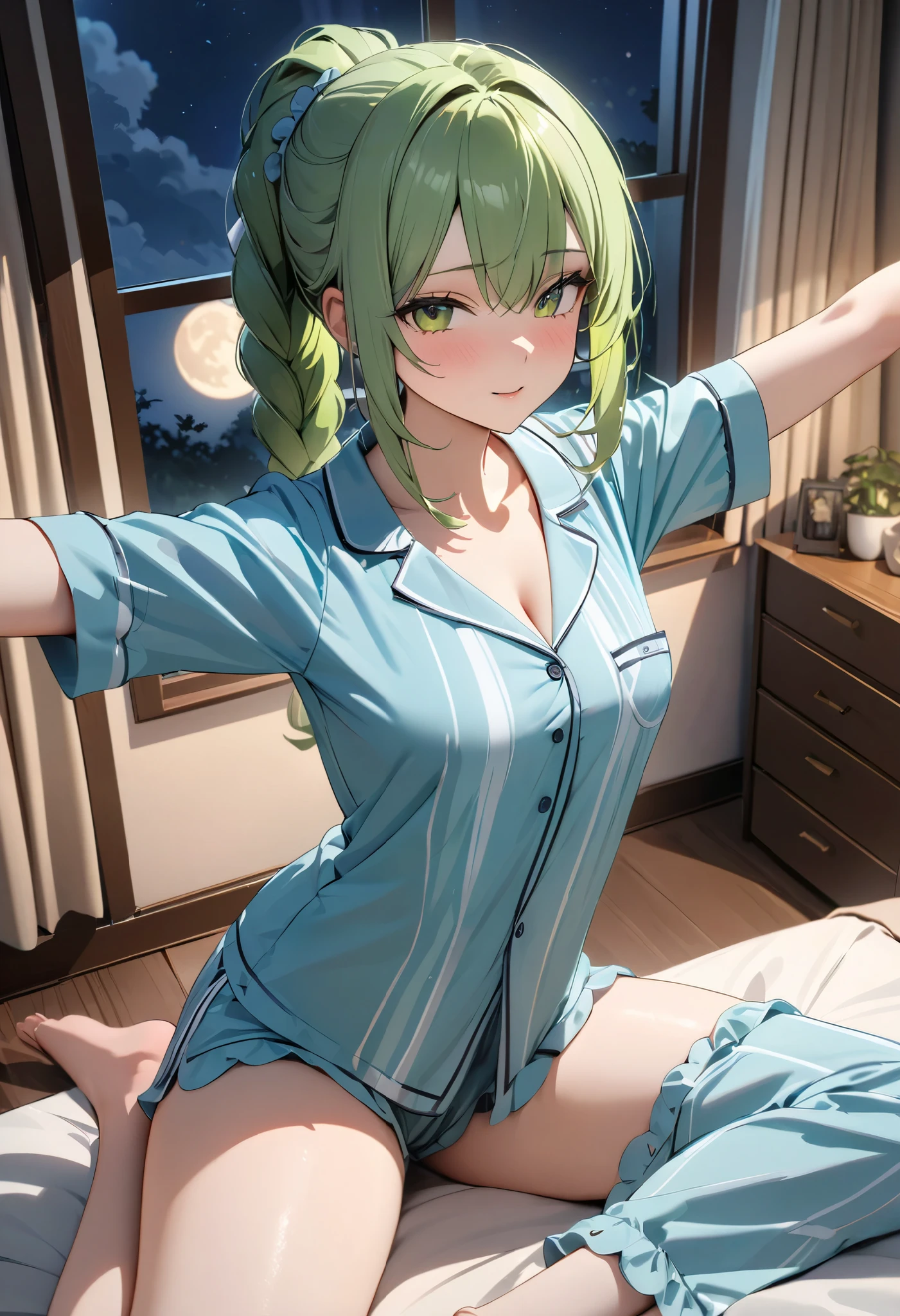 (((Best quality, 8k, Masterpiece: 1.3)), ((best quality)), ((masterpiece)), (detailed), perfect face, perfect body, (detailed skin:1.3), (intricate details), green hair,long braided ponytail, Stretching on the bed, pajamas, W-Sitting, at night, moon, window, fluttering curtains, from above