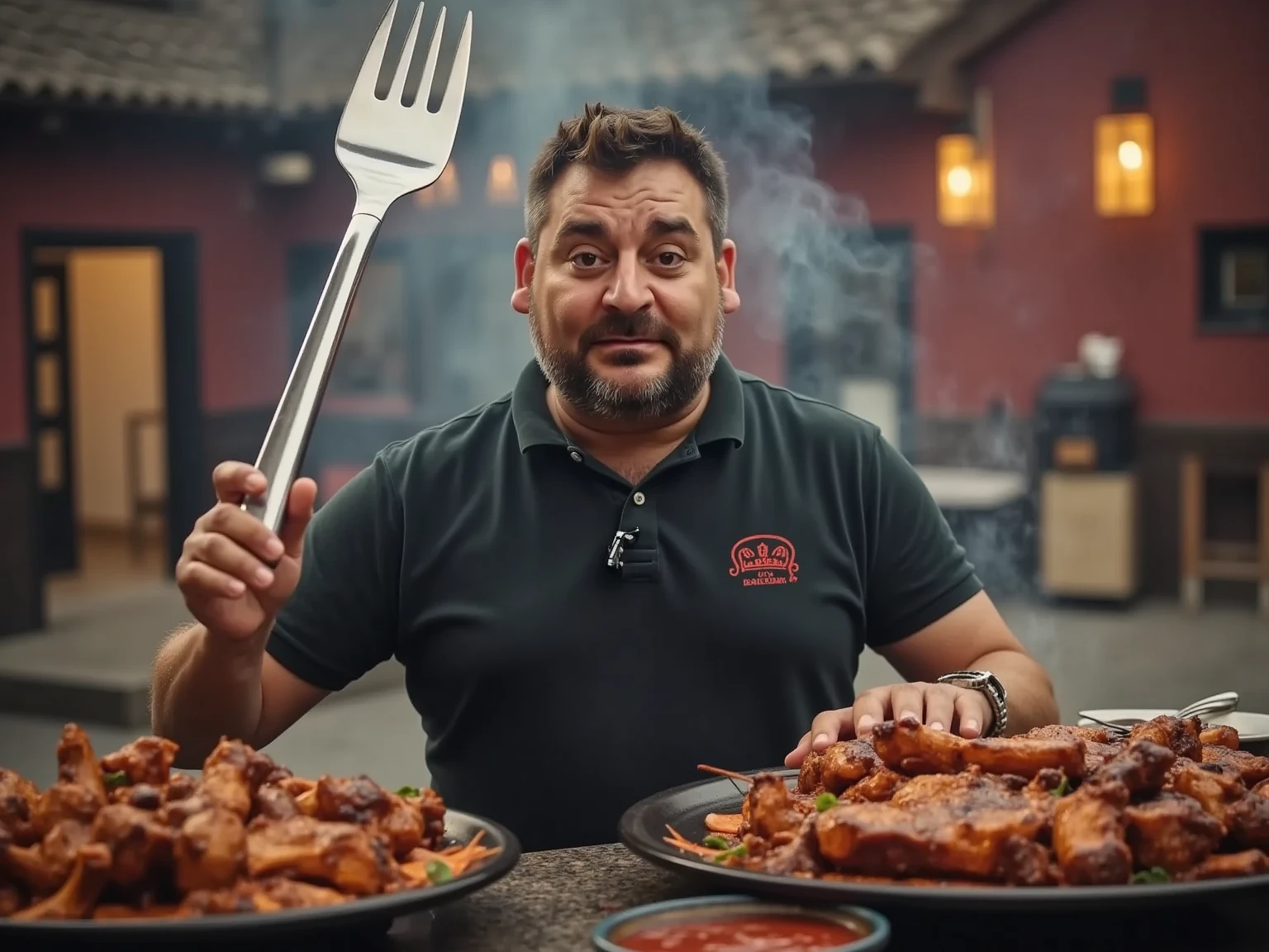 A hyper-realistic, cinematic scene of a man holding a giant fork the same size as him, surrounded by barbecue elements like sizzling meats, sauces, and grilling utensils. The scene is detailed with realistic lighting, shadows, and textures. Focus on the intense expression of the man, as he stands in a smoky barbecue atmosphere with vibrant colors and intricate details.