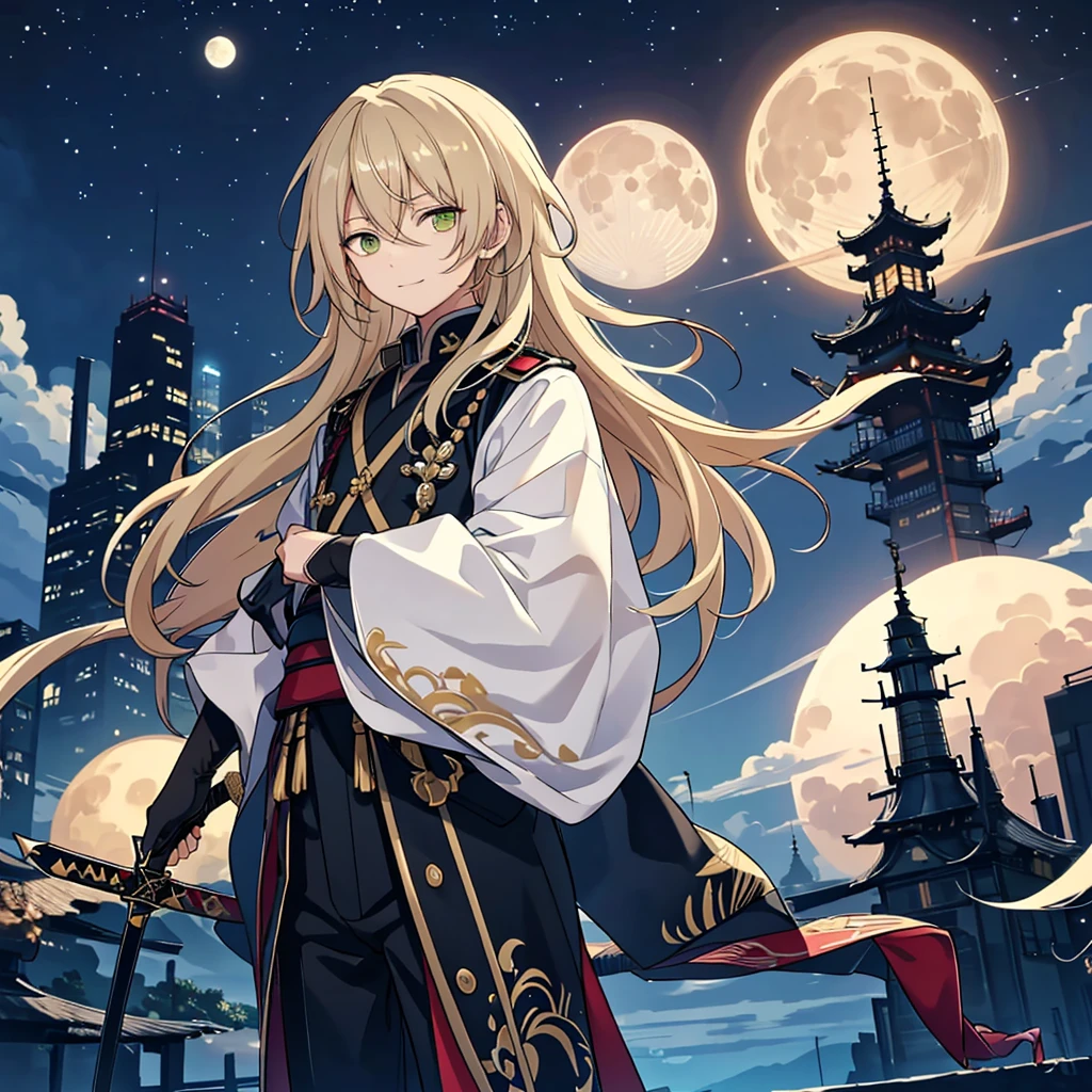 Long Hair, male， handsome，Night City，military coat large， pocket, Carrying a sword,  OFFICIAL ART、 Best Quality 、  Unity 8K Wallpaper 、32K、masterpiece、Super detailed, male性の鼻, male性の目 , male性の輪郭 , male性の骨格 , male性の体, maleの顔,  Masterpiece，{{{{{1人のmale性の図解}}}}}, 8K quality, male, No1 host , Best Quality, masterpiece, 素敵なmale性, Dark Blonde,  long hair, green eyes,  long bangs , A scene from a science fiction movie, {{{{{ wearing an orange military uniform }}}}},  big moon in the background like a poster、 details of an abandoned future city, Smiling Kindly, expensive,  serious expressions, Shut up, walk, Diagonal angle,  detailed background , Maximum Details ,Full body illustration, standing quietly ,