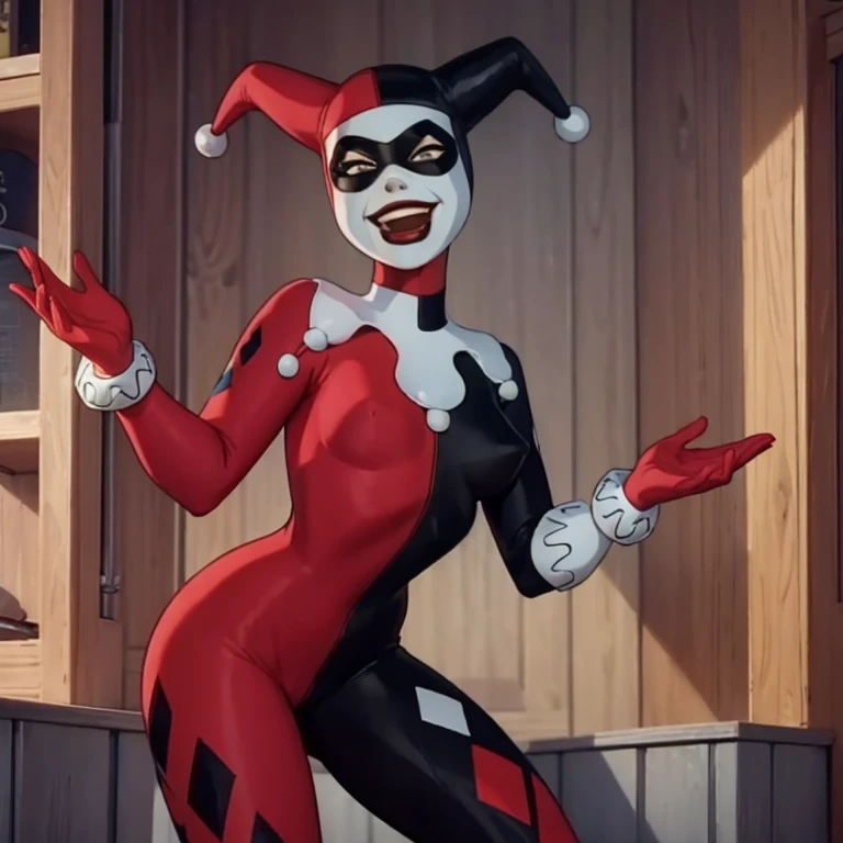 masterpiece, best quality, 1girl, hq1992, solo, bodysuit, domino mask, gloves, hat, jester cap, mask, open mouth, parody, red bodysuit, red gloves, smile, solo