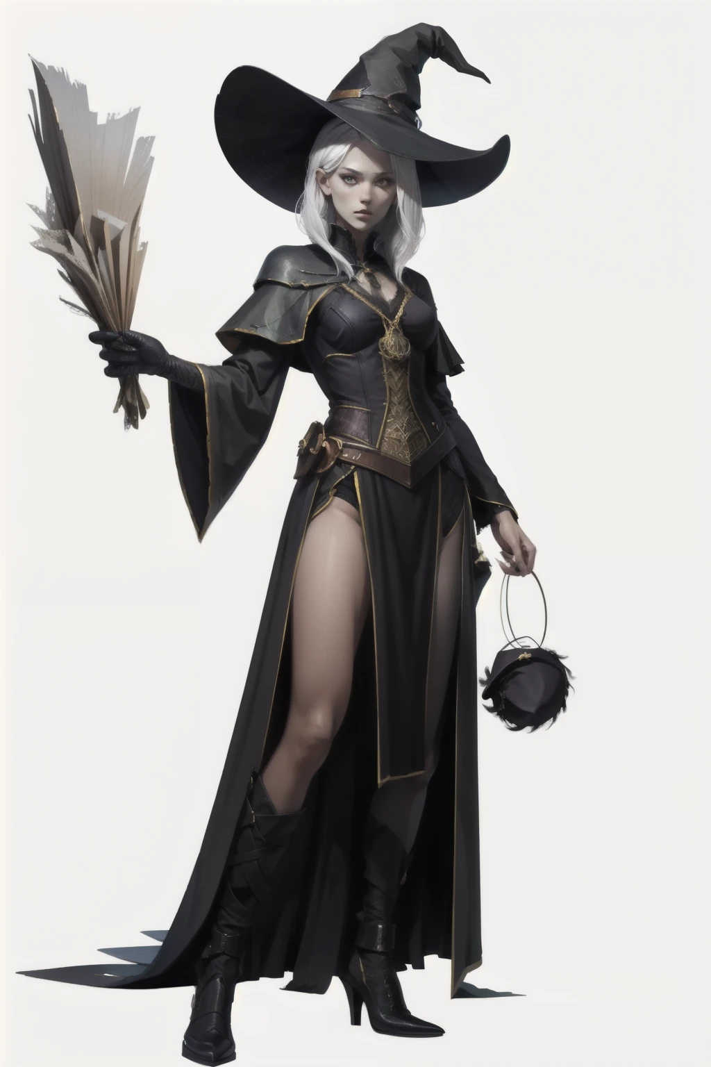  RPG character ,  I want a character with a white background, png, A witch, sexy,  black clothes,  witch hat and distracted posture ,  long white hair and slender body , very beautiful and attractive, But barely .